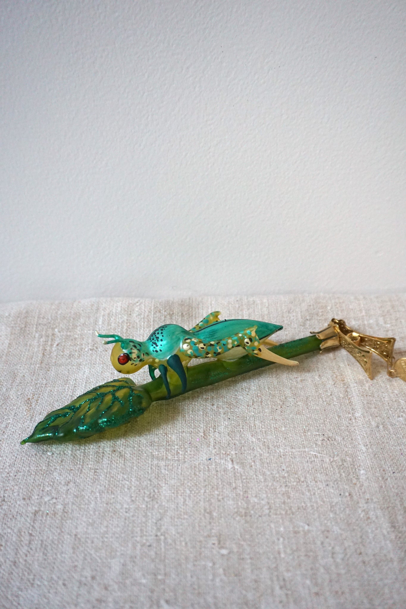 Polish Glass Christmas Ornament - Grasshopper on Leaf