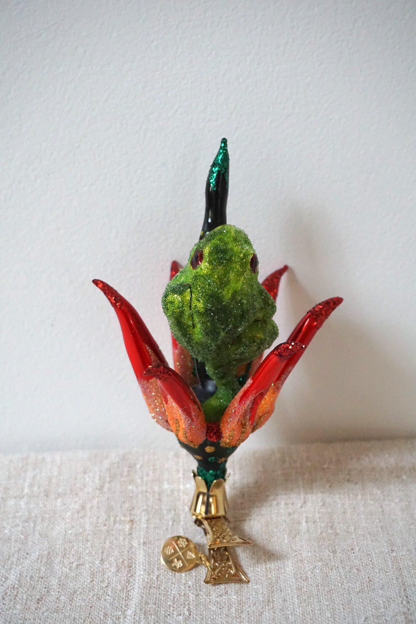 Polish Glass Christmas Ornament - Frog in Red Flower