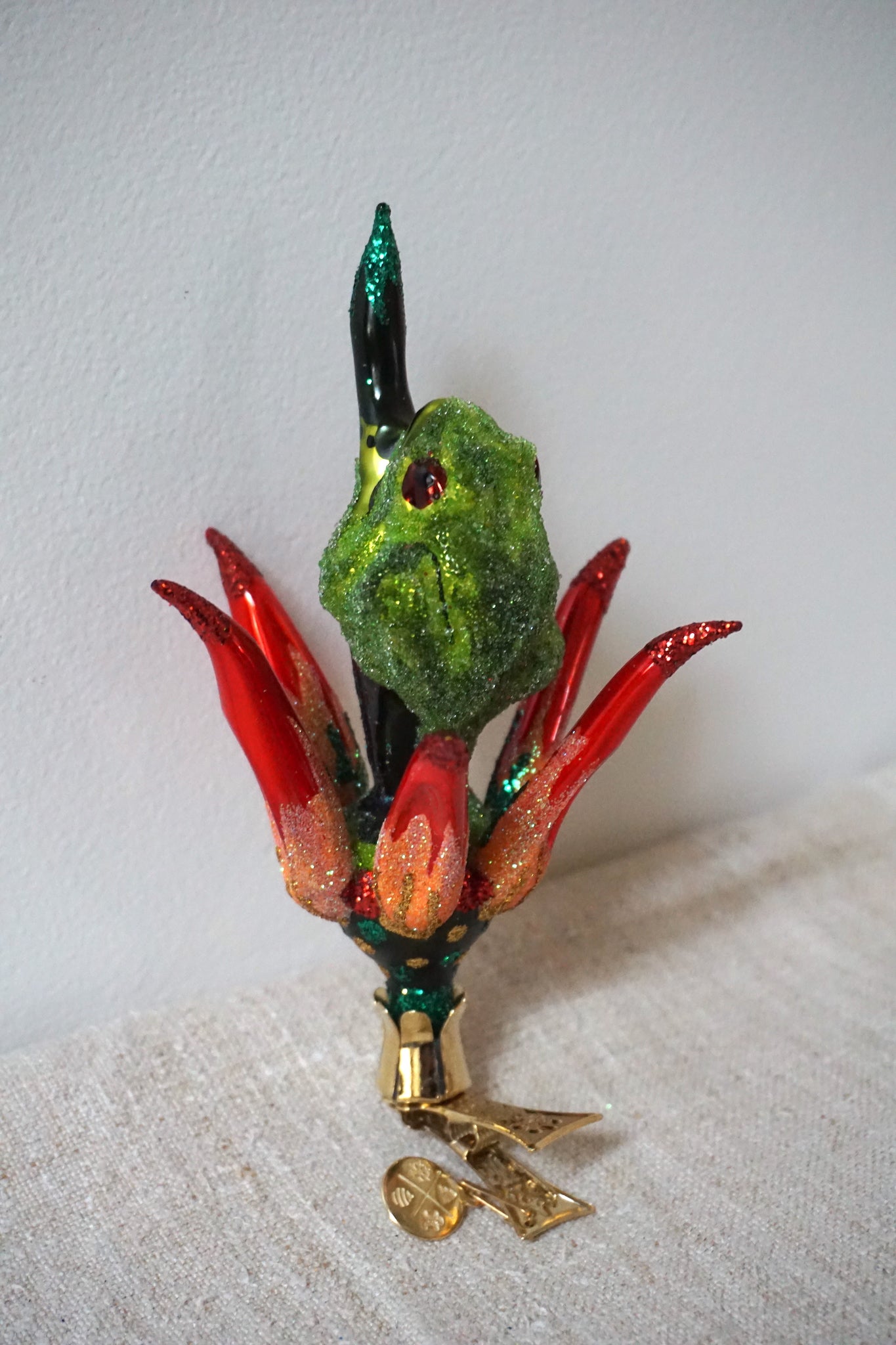 Polish Glass Christmas Ornament - Frog in Red Flower