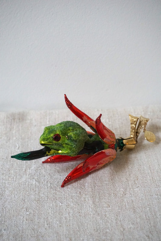 Polish Glass Christmas Ornament - Frog in Red Flower