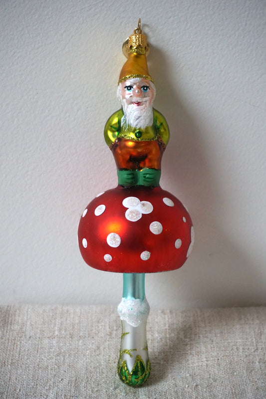 Polish Glass Christmas Ornament - Green & Orange Gnome on Mushroom