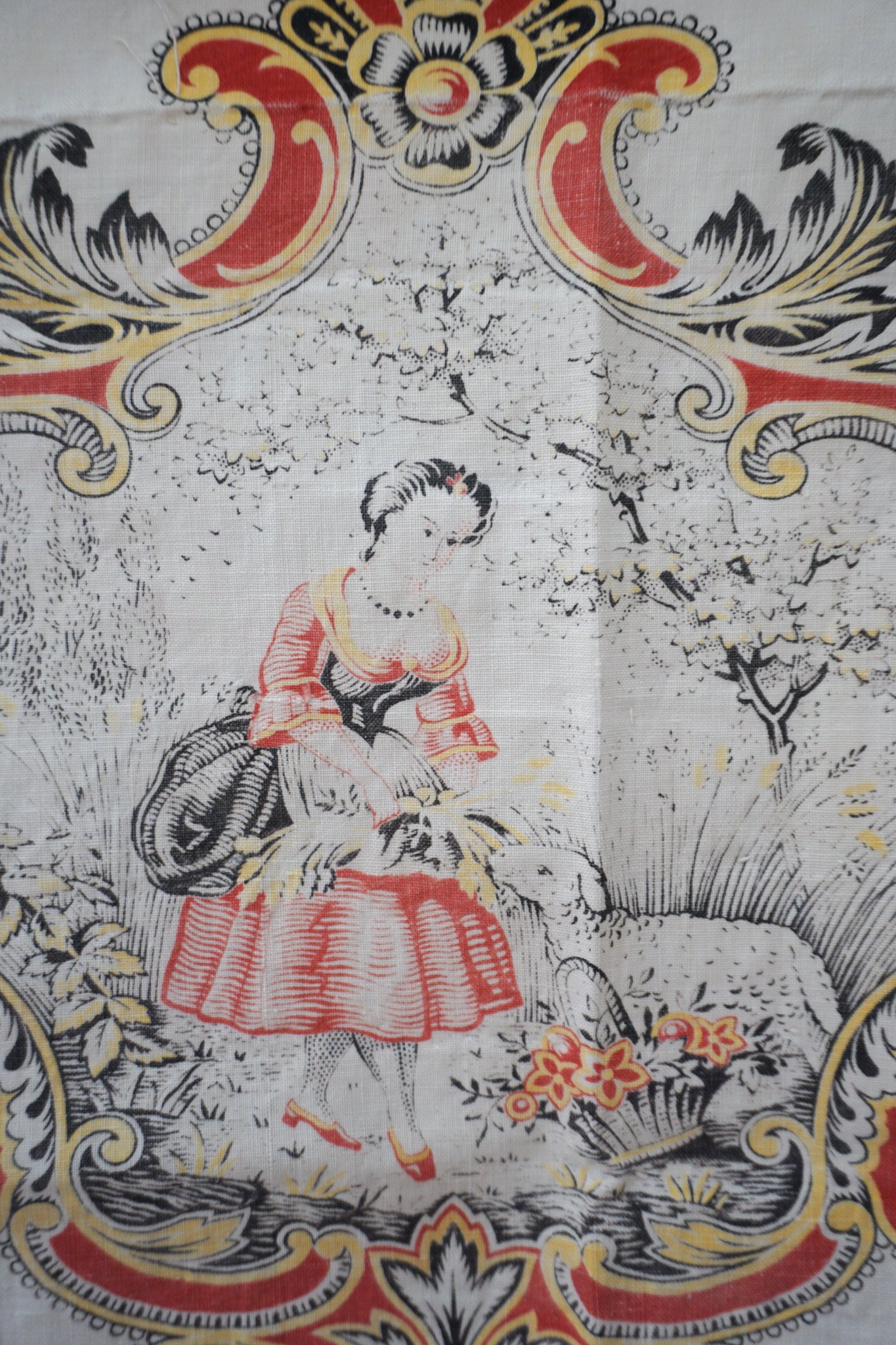 Antique French Shepherdess & Sheep Fabric Piece