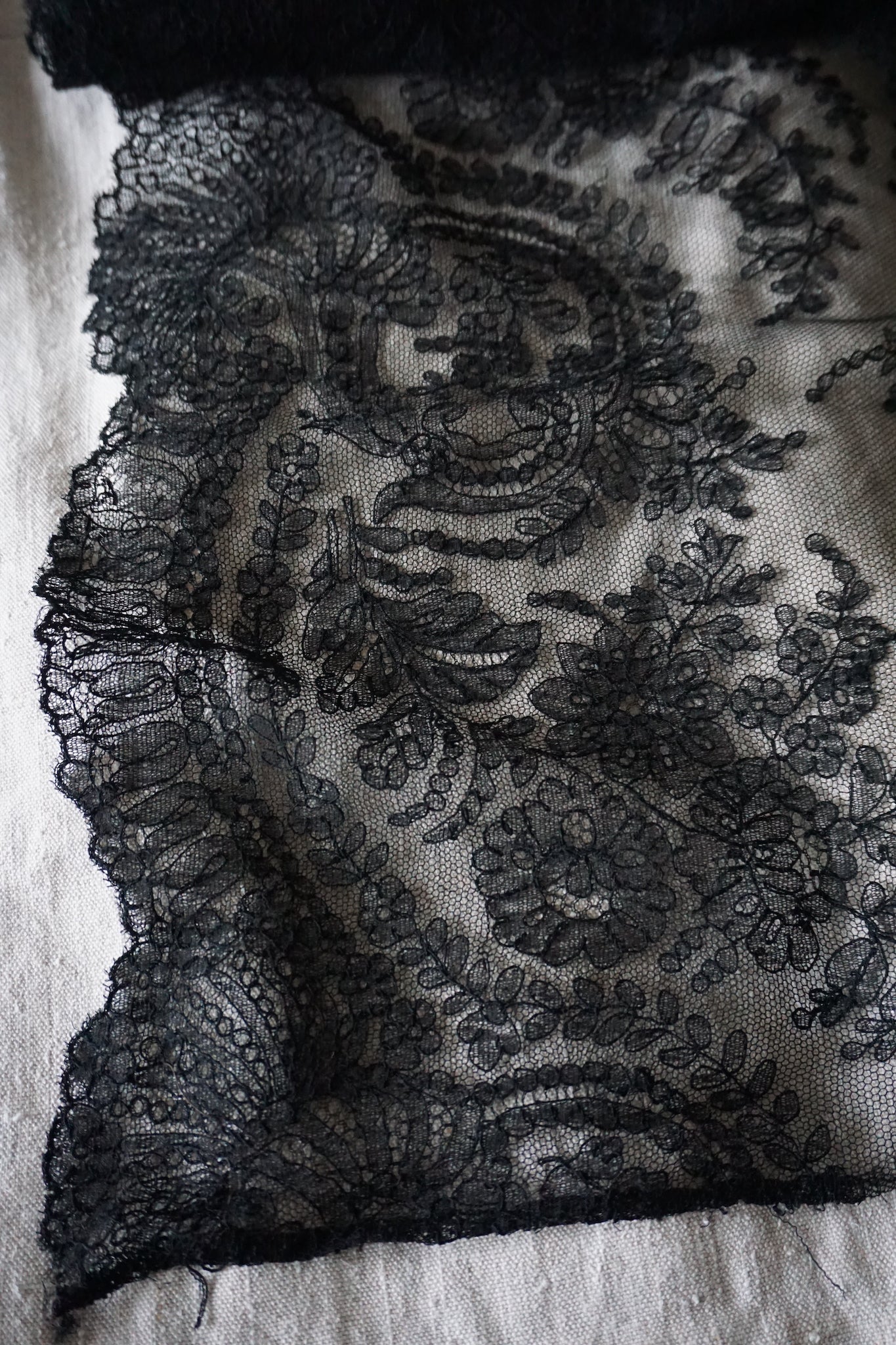 Antique French Black Floral Lace Edging