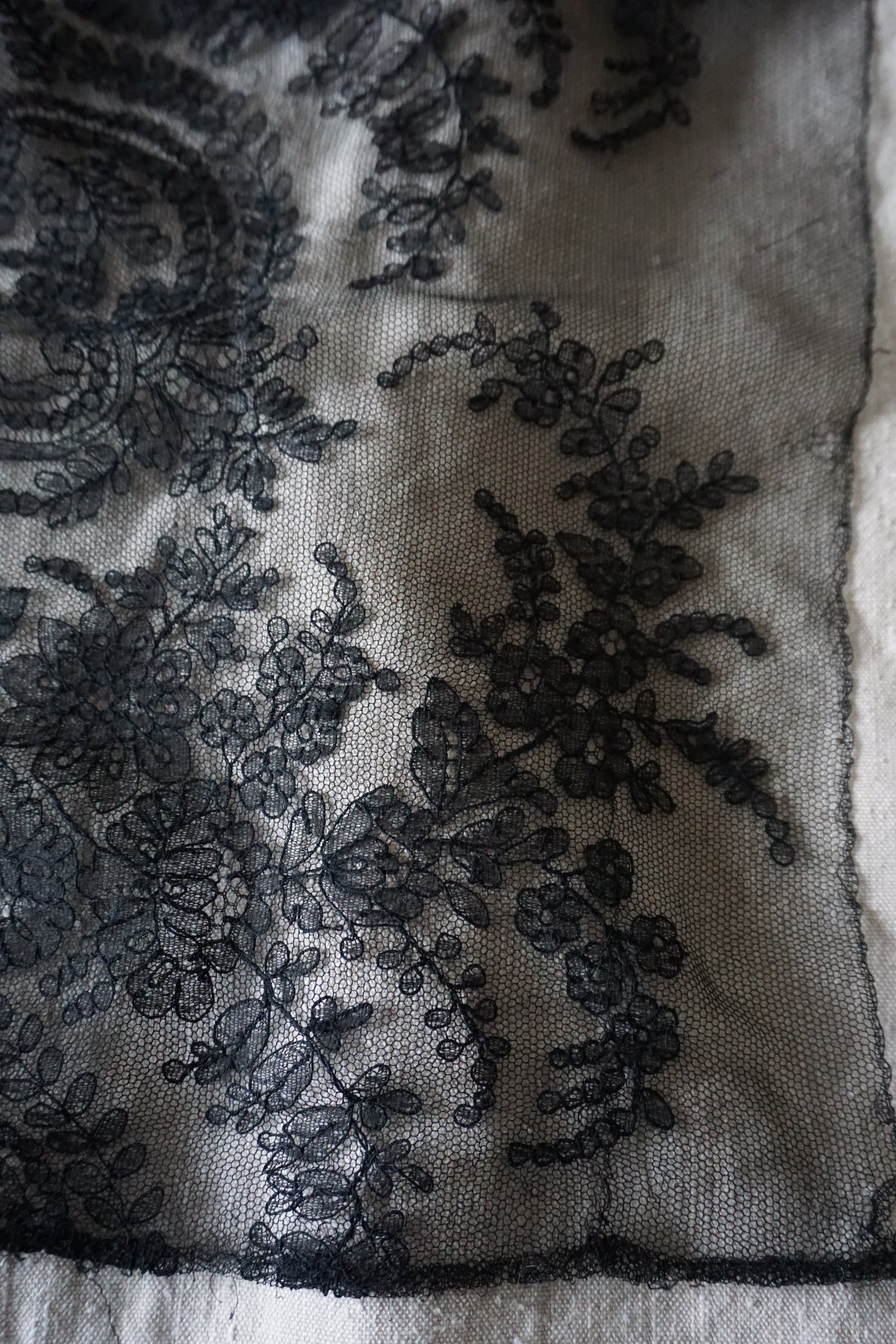 Antique French Black Floral Lace Edging
