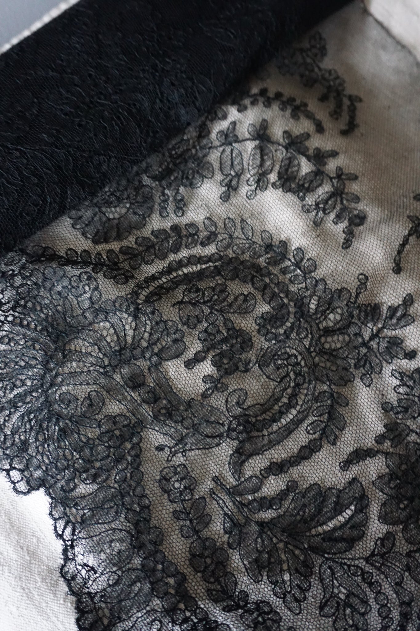 Antique French Black Floral Lace Edging
