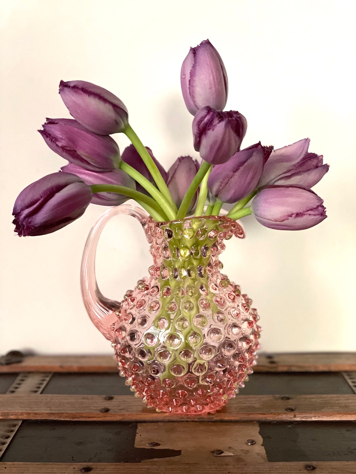 Sweet Pink Bohemia Glass Hobnail Pitcher