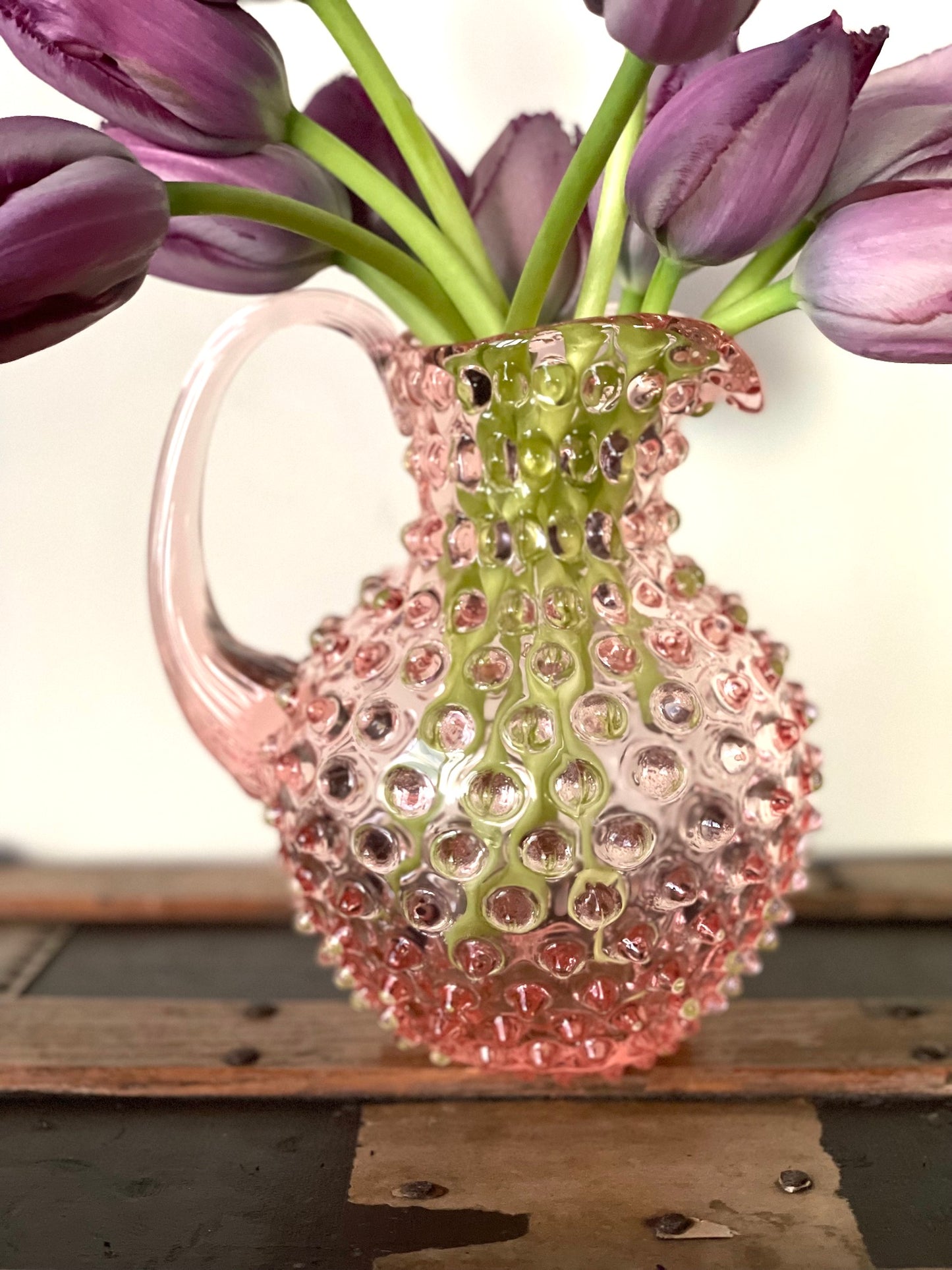 Sweet Pink Bohemia Glass Hobnail Pitcher