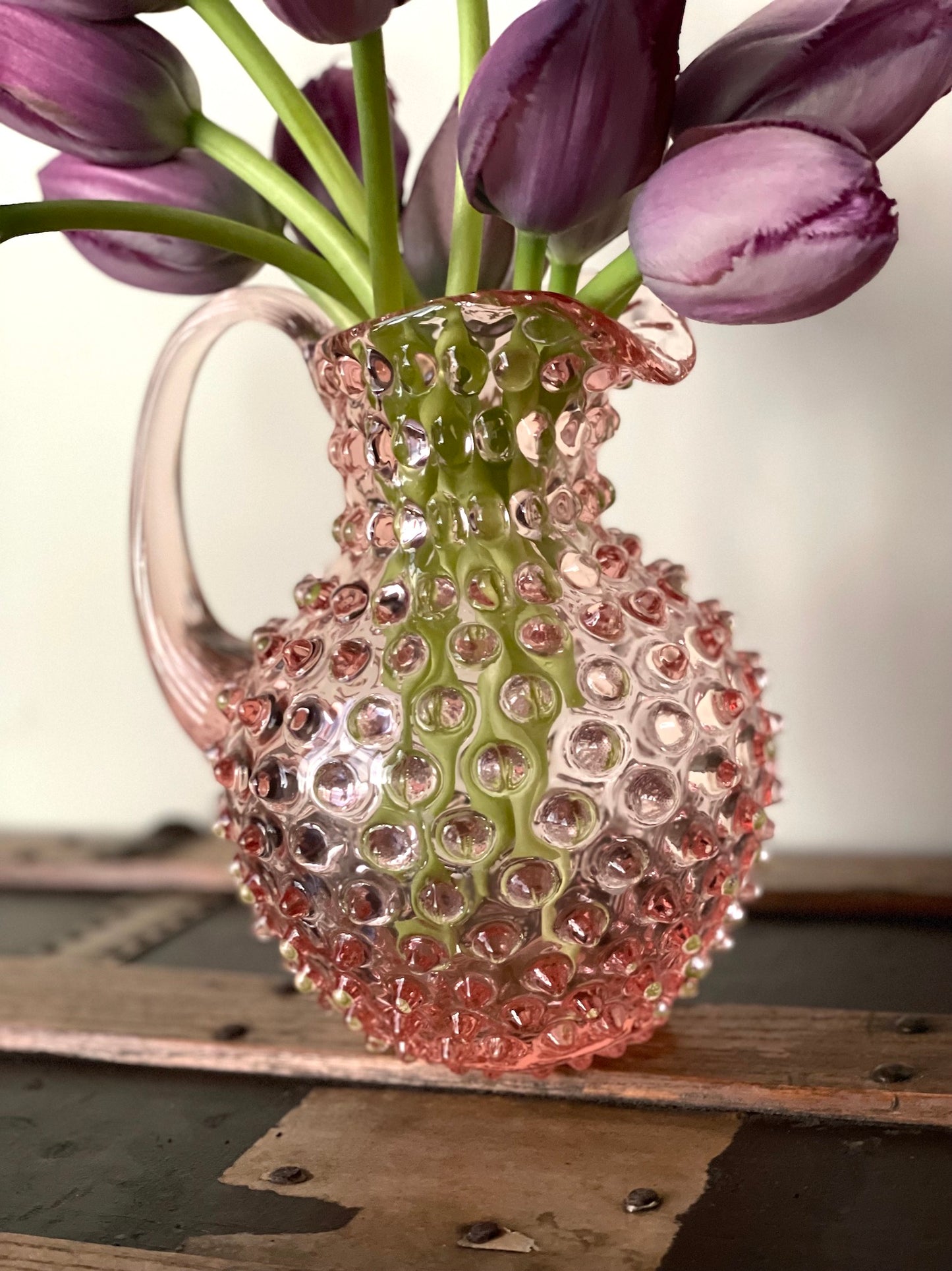 Sweet Pink Bohemia Glass Hobnail Pitcher