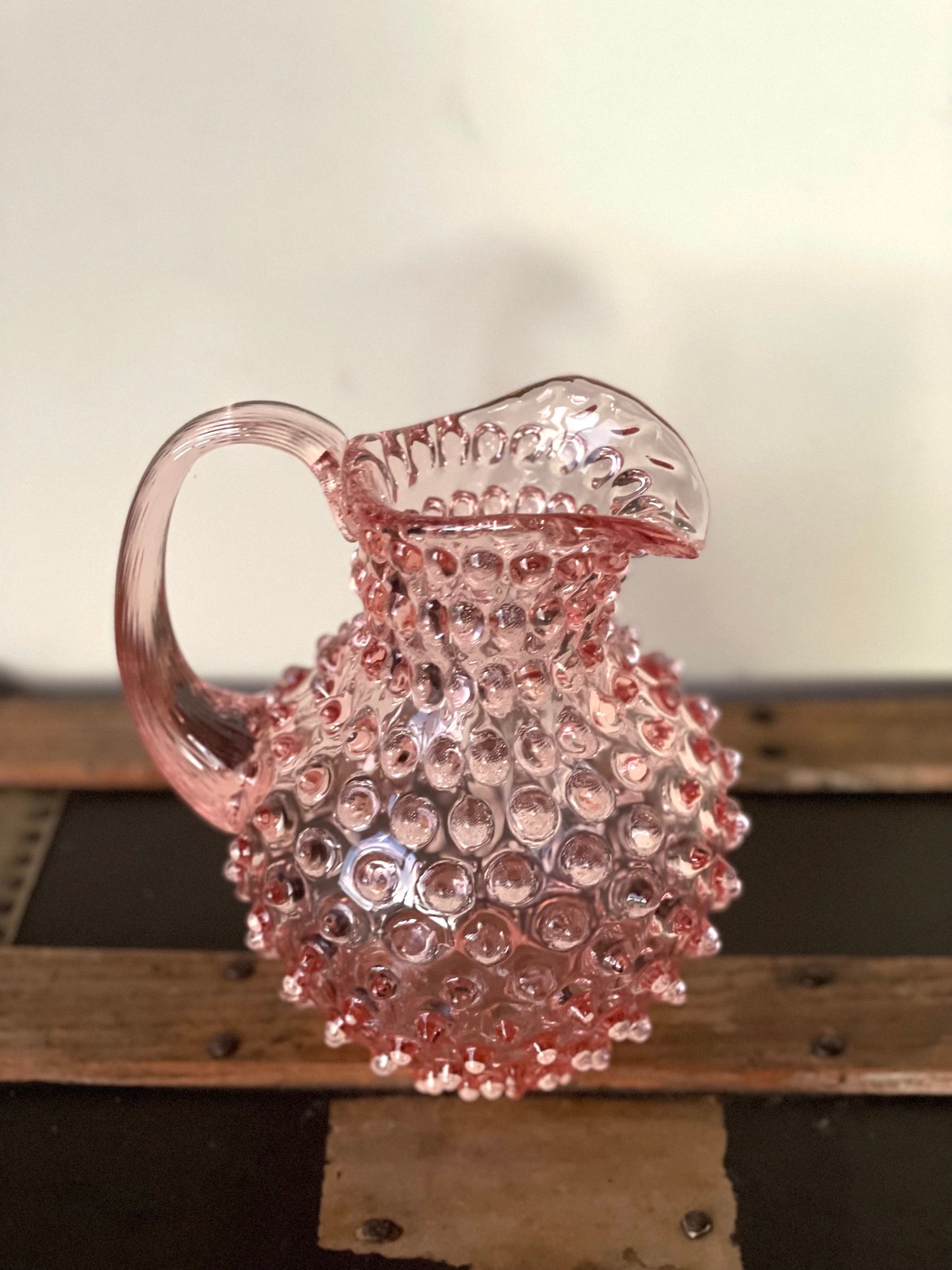 Sweet Pink Bohemia Glass Hobnail Pitcher
