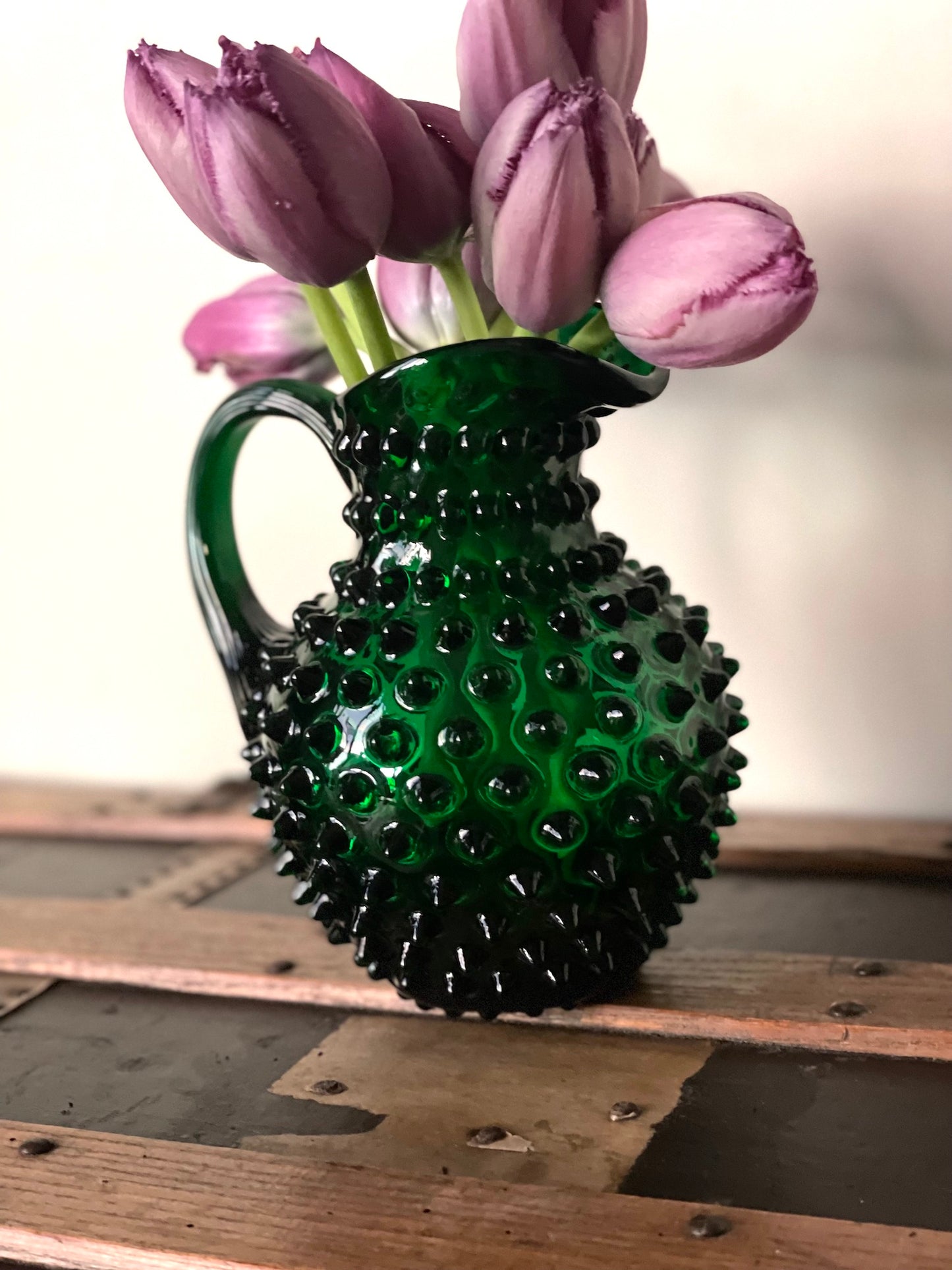 Green Bohemia Glass Hobnail Pitcher