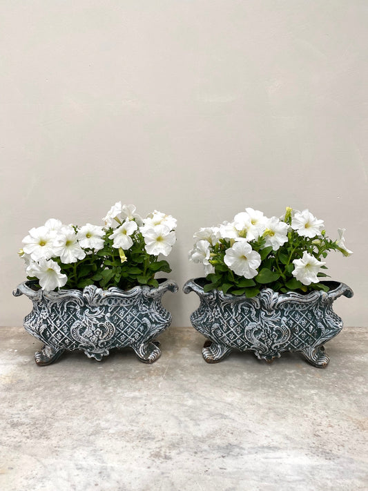 Antique French Pair of Mini Cast Iron Jardinere - Green & White