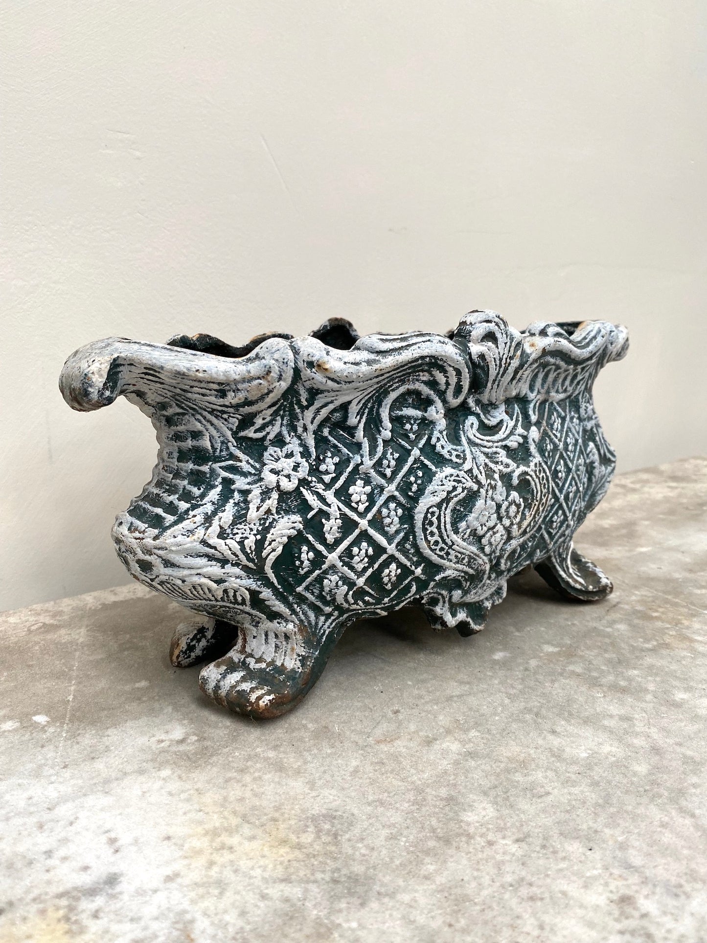 Antique French Pair of Mini Cast Iron Jardinere - Green & White