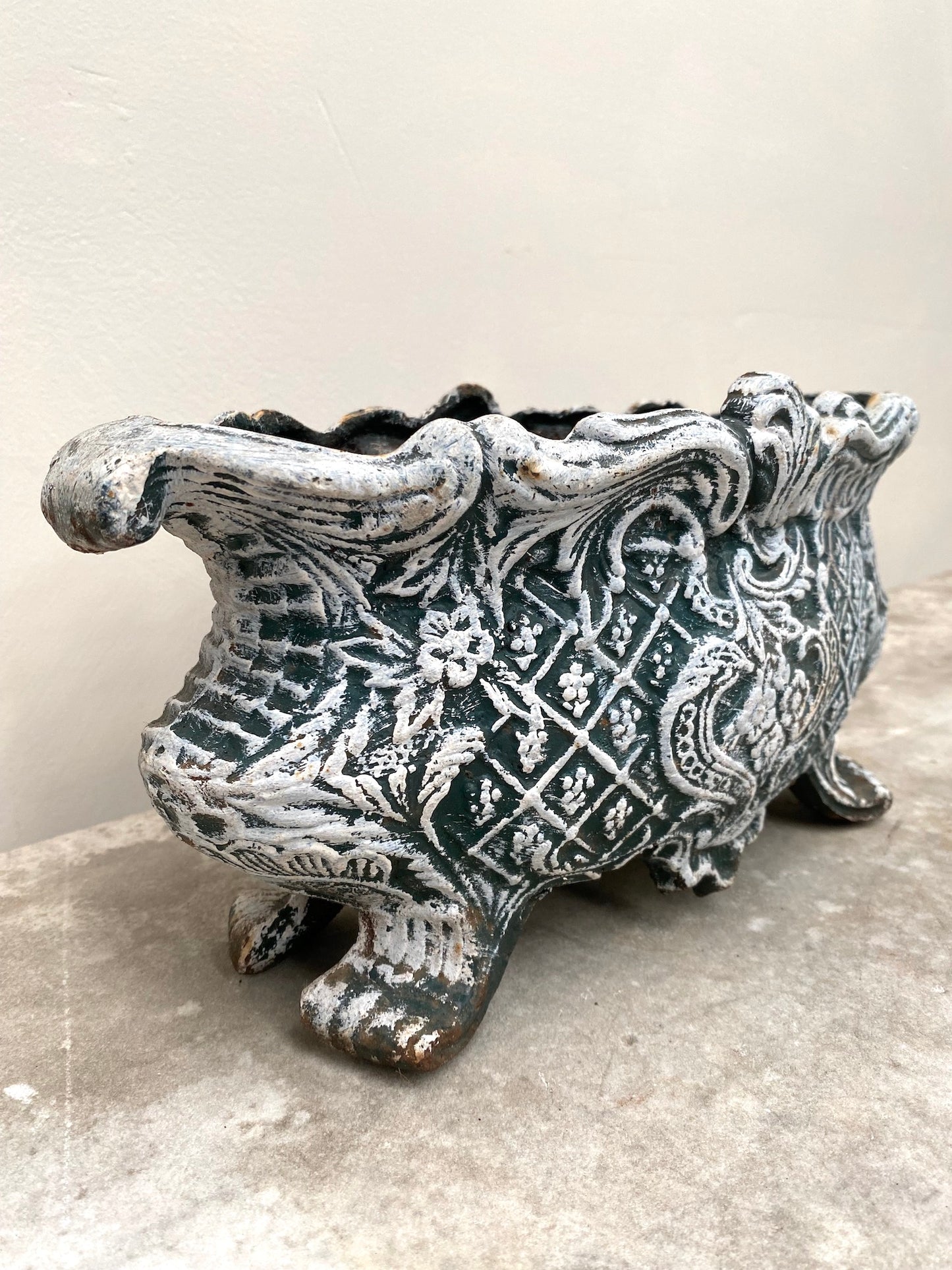 Antique French Pair of Mini Cast Iron Jardinere - Green & White