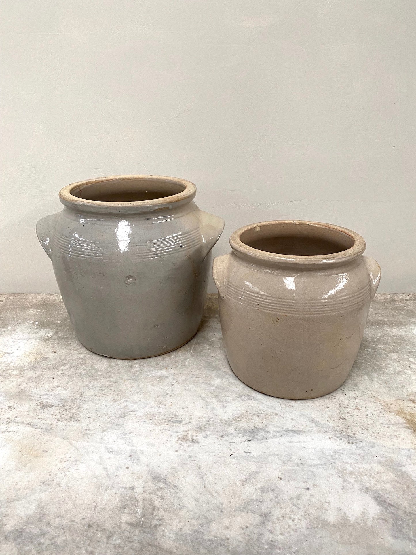 Antique French Glazed Pottery Jars with Handles - Cream & Duck Egg Blue