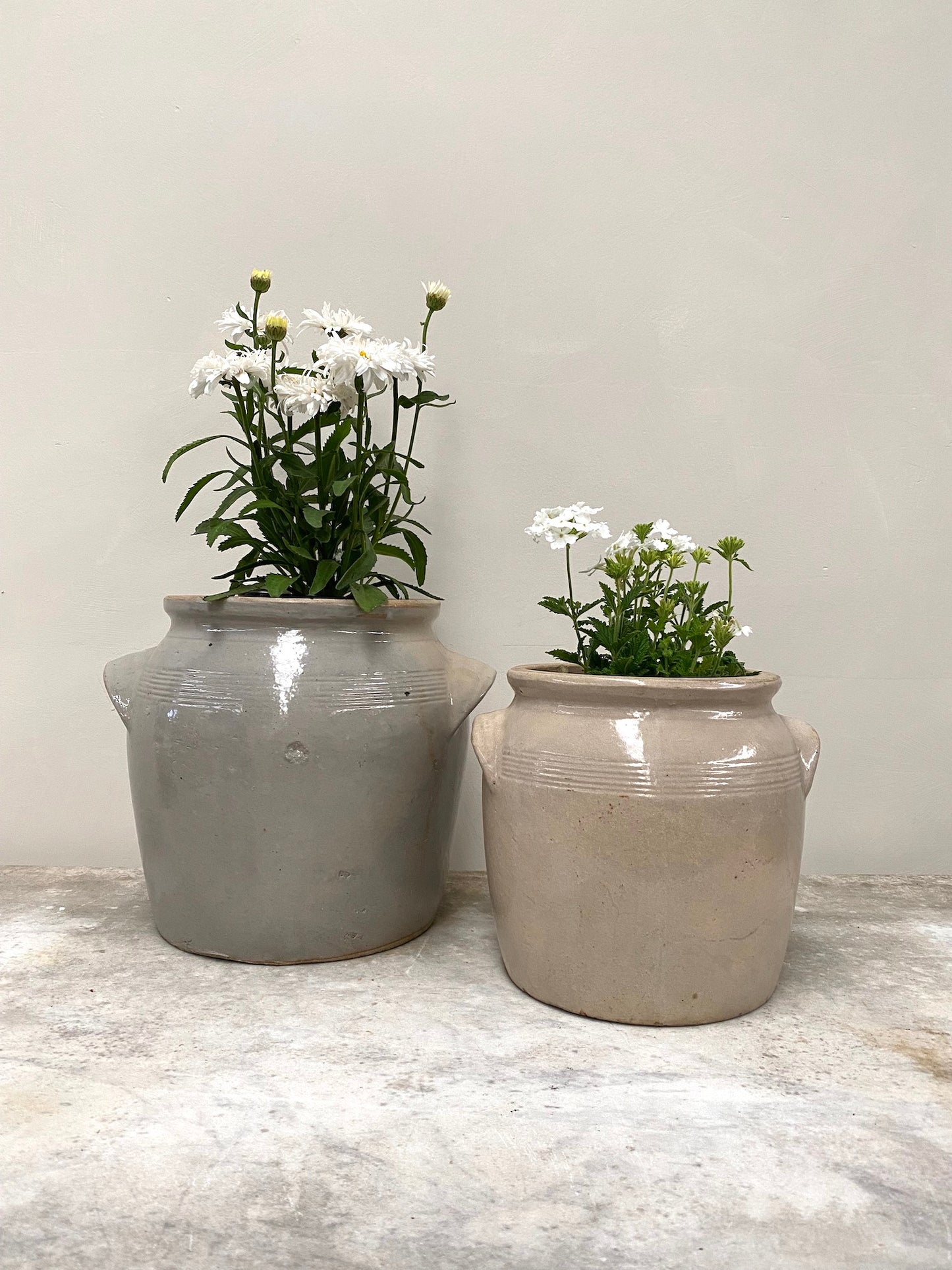 Antique French Glazed Pottery Jars with Handles - Cream & Duck Egg Blue