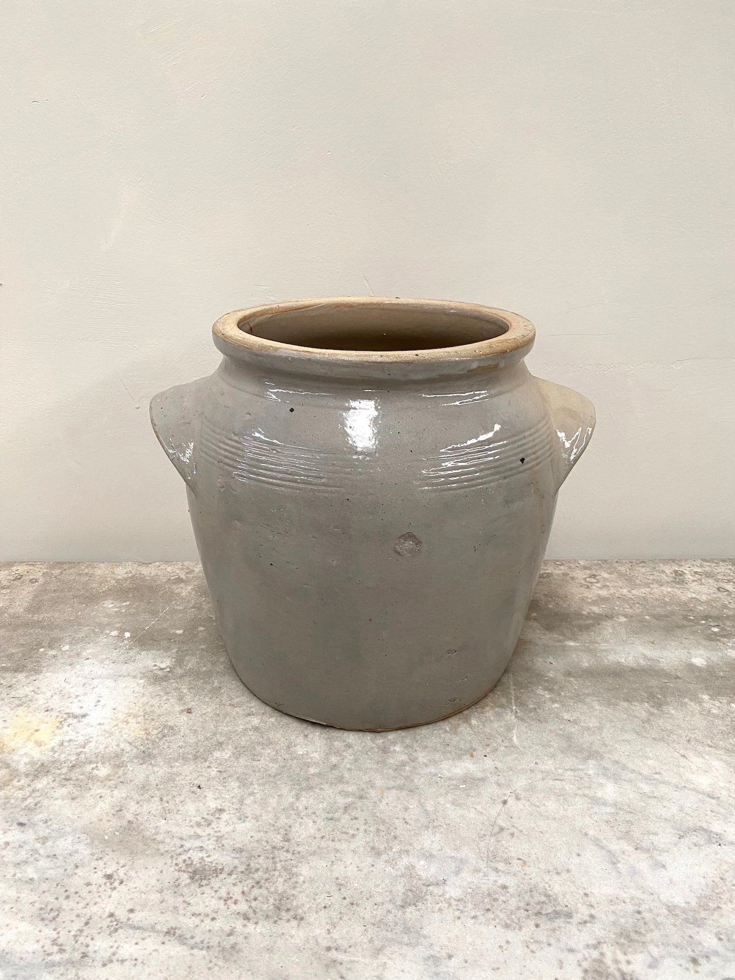 Antique French Glazed Pottery Jars with Handles - Cream & Duck Egg Blue