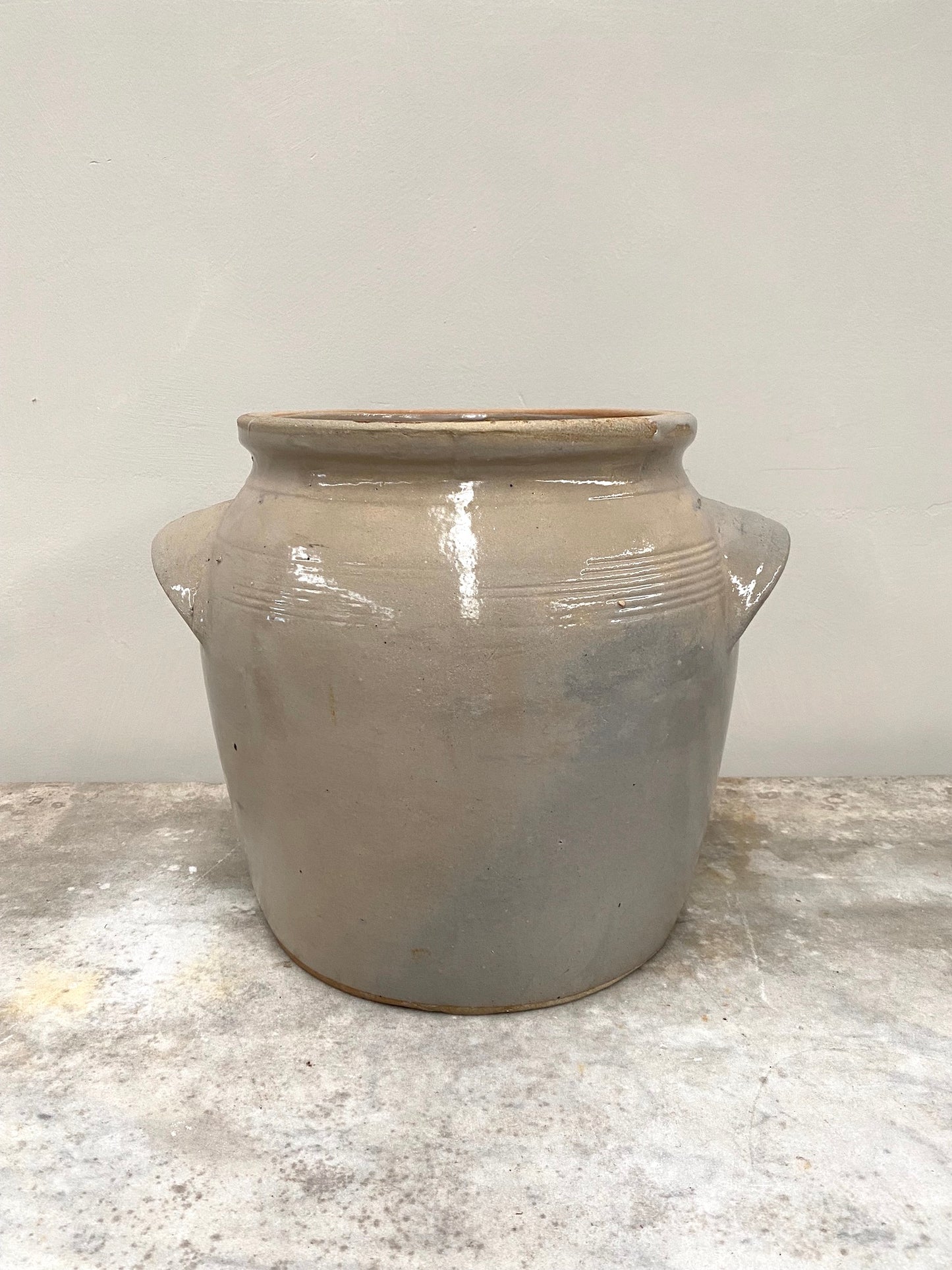Antique French Glazed Pottery Jars with Handles - Cream & Duck Egg Blue