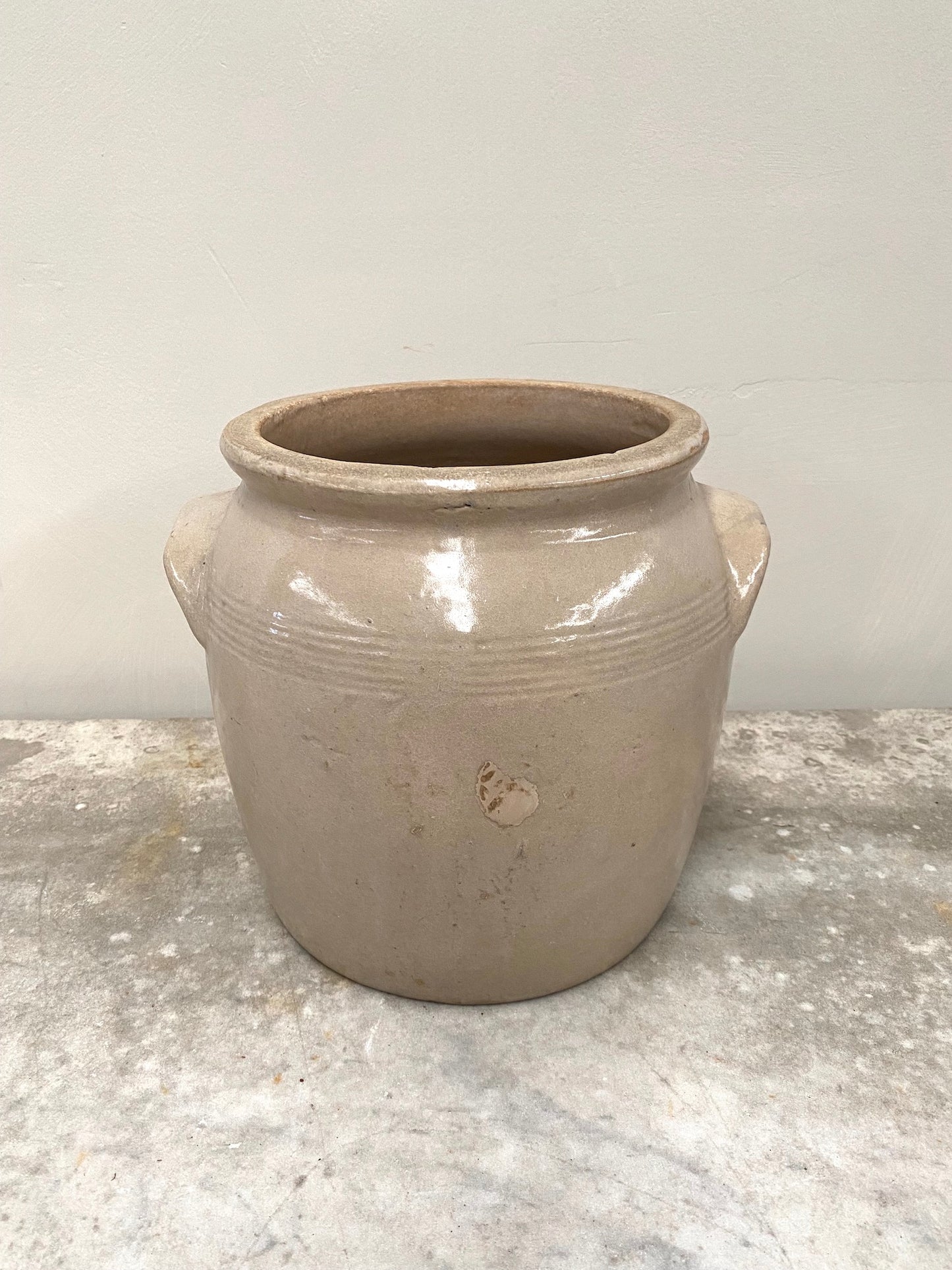 Antique French Glazed Pottery Jars with Handles - Cream & Duck Egg Blue