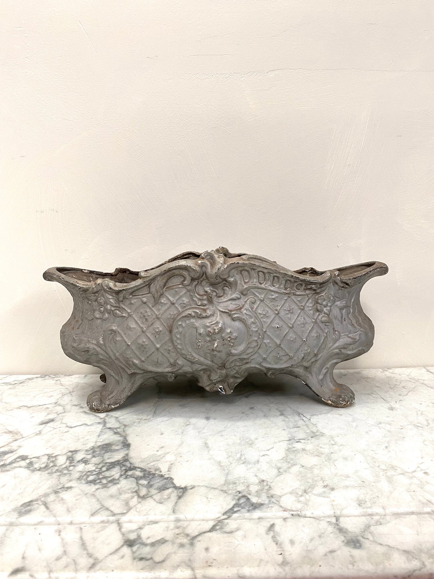 Antique French Small Cast Iron Jardinere - Soft Silver Floral