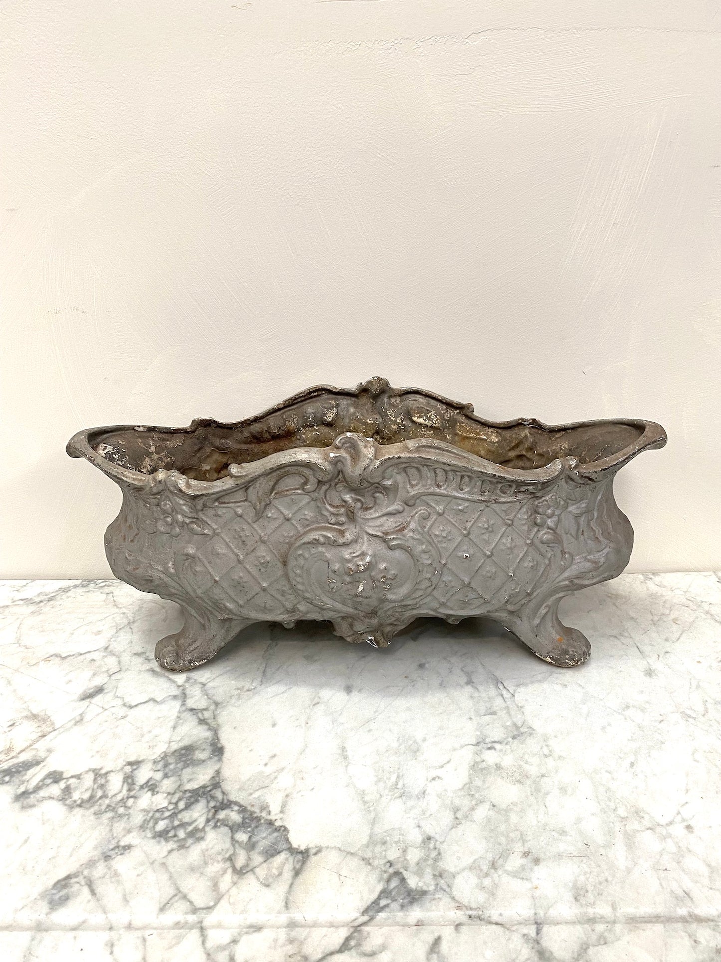 Antique French Small Cast Iron Jardinere - Soft Silver Floral