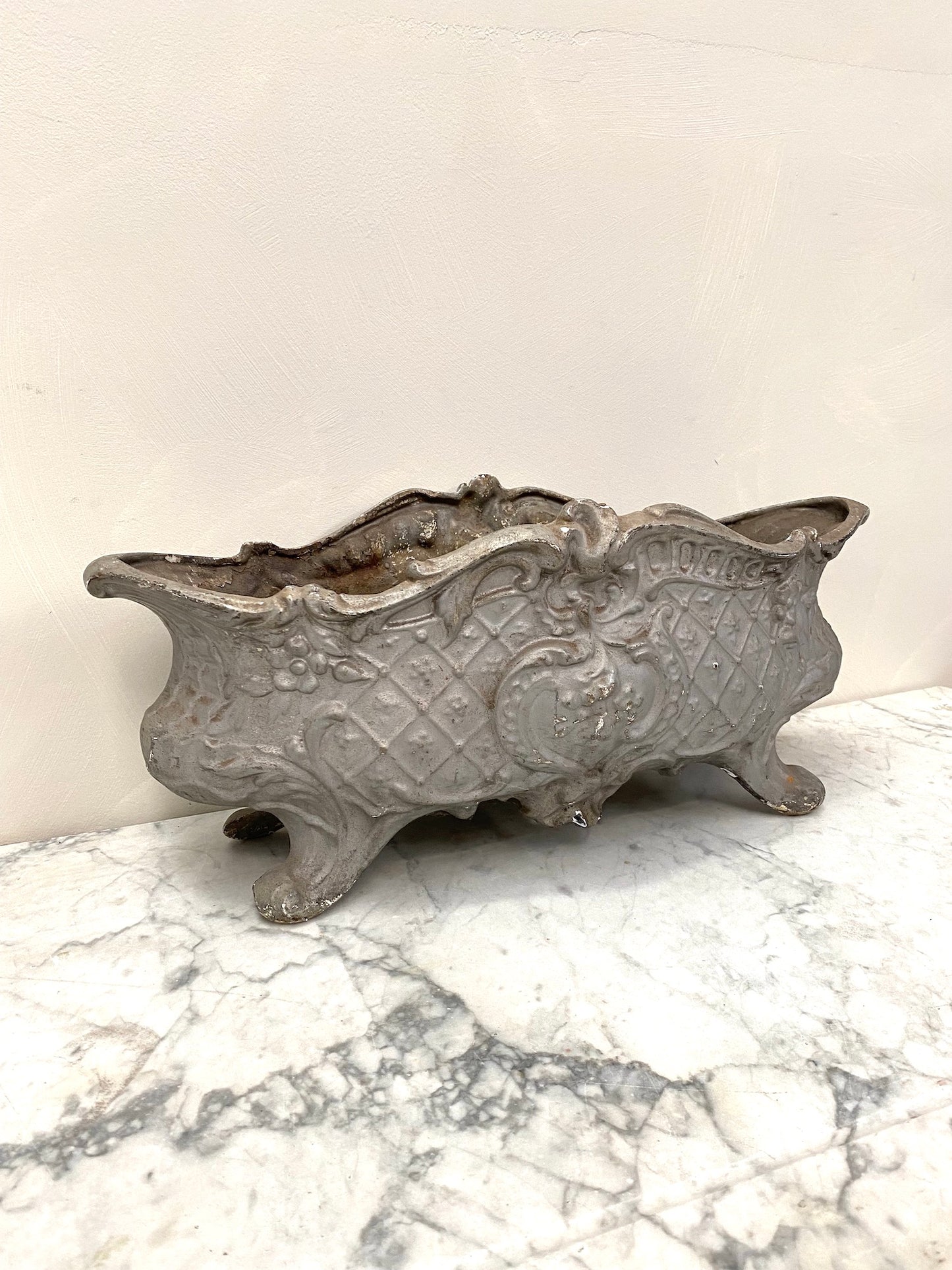 Antique French Small Cast Iron Jardinere - Soft Silver Floral