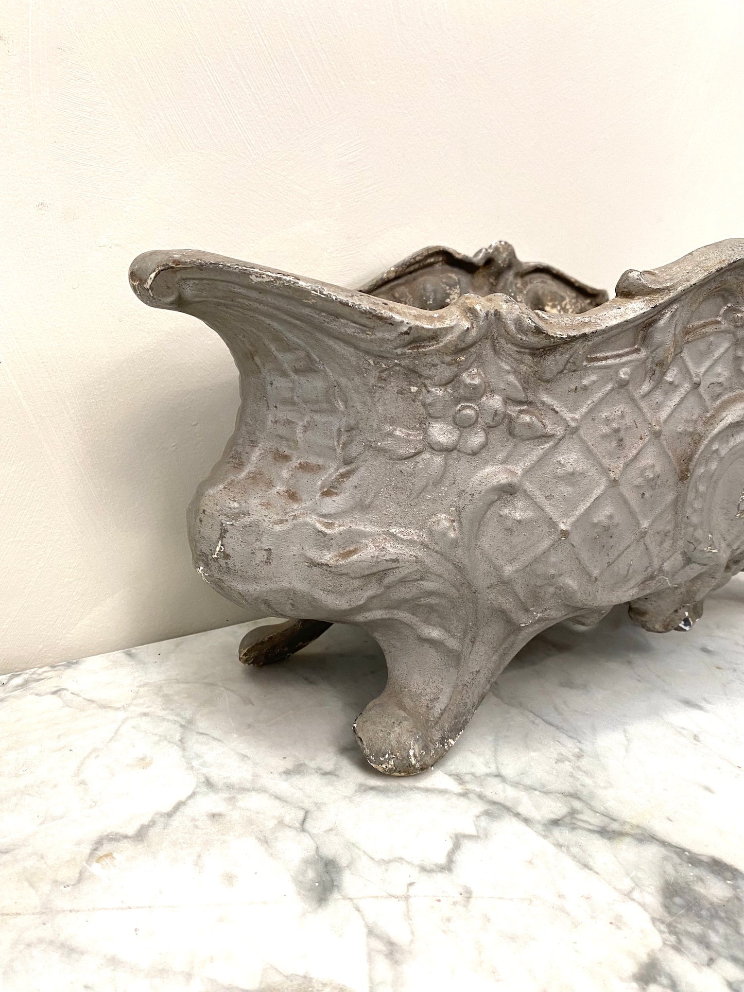 Antique French Small Cast Iron Jardinere - Soft Silver Floral