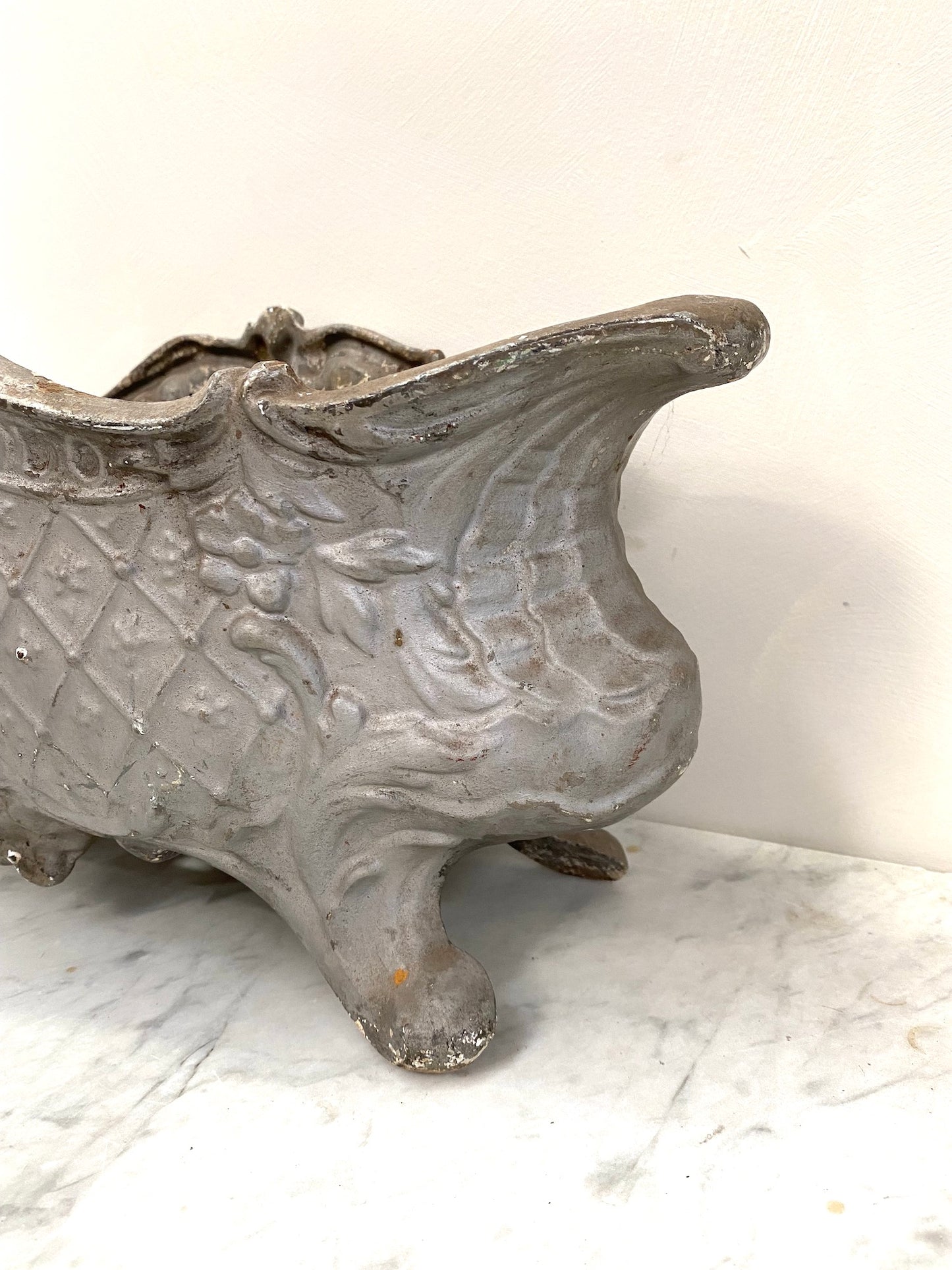 Antique French Small Cast Iron Jardinere - Soft Silver Floral