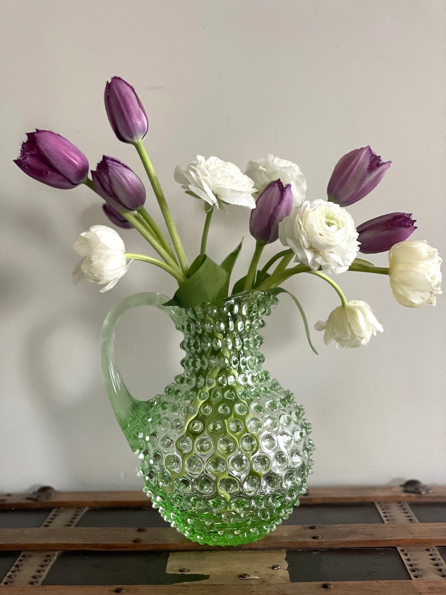 Light Green Bohemia Glass Hobnail Pitcher