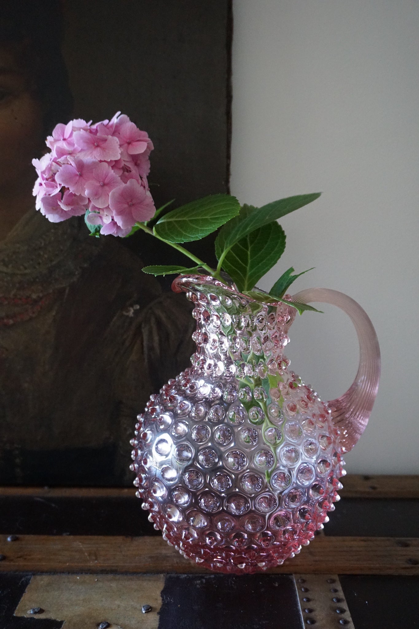 Sweet Pink Bohemia Glass Hobnail Pitcher