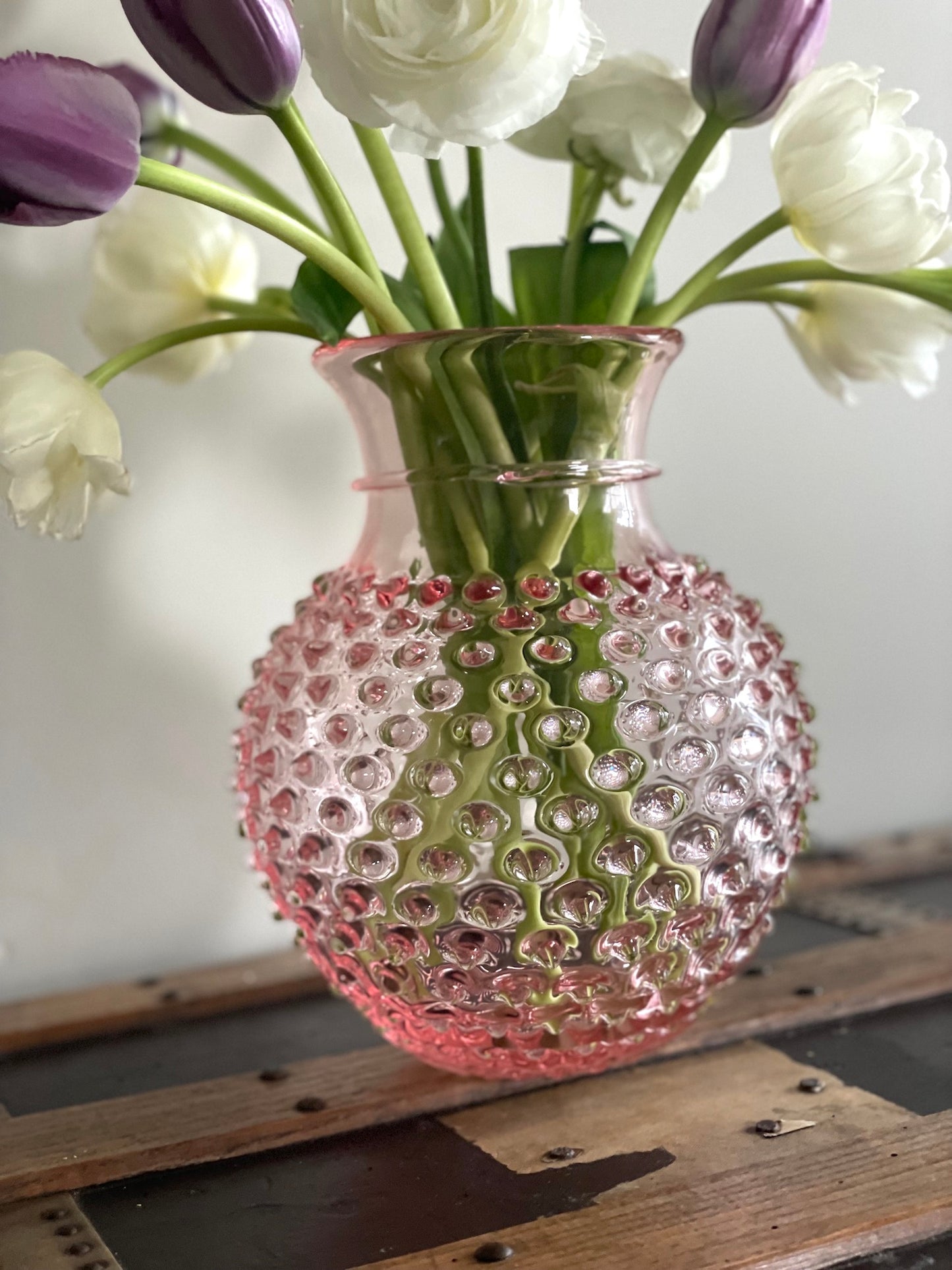 Rose Pink Round Bohemia Glass Hobnail Vase
