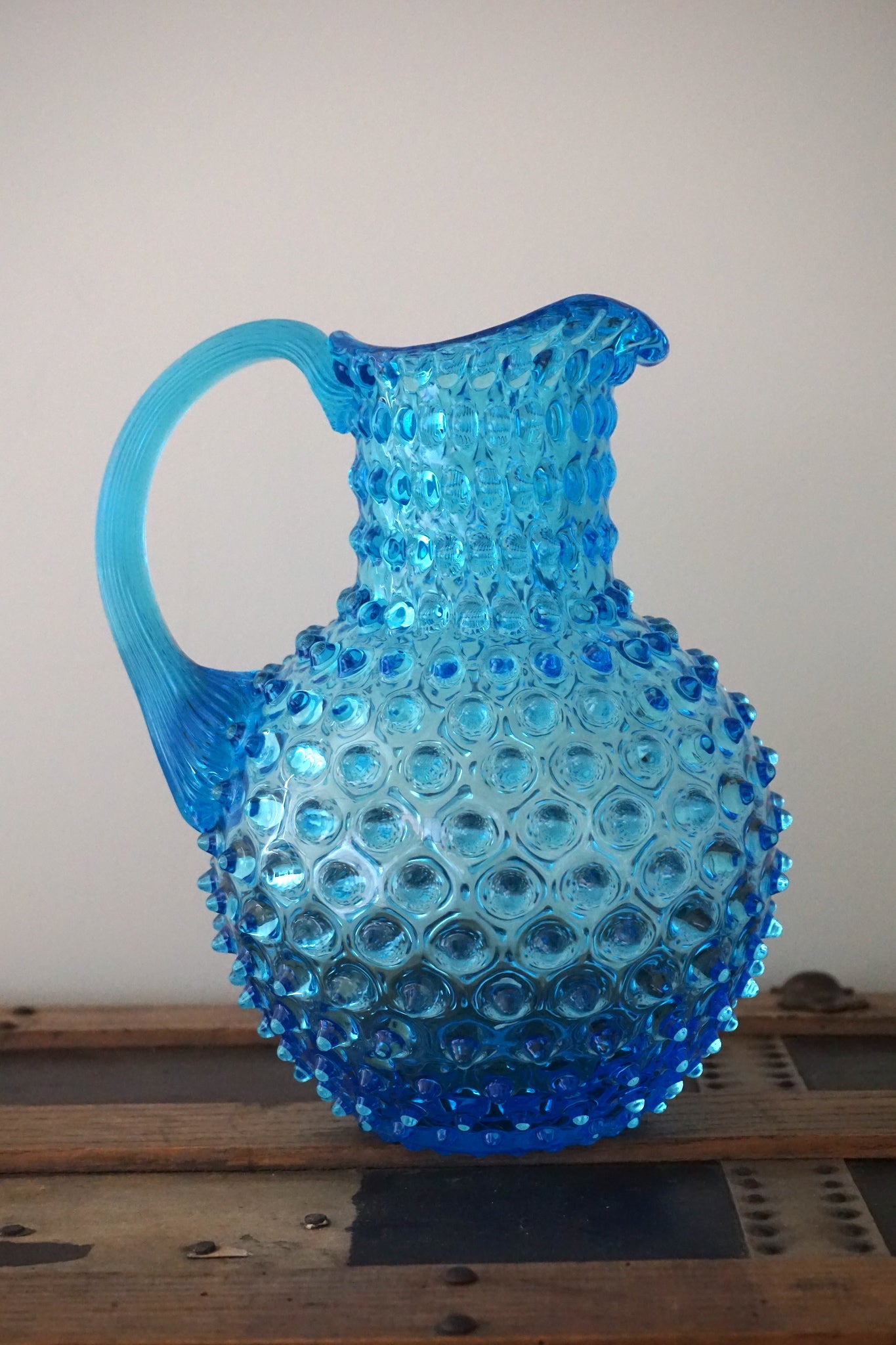 Turquoise Bohemia Glass Hobnail Pitcher