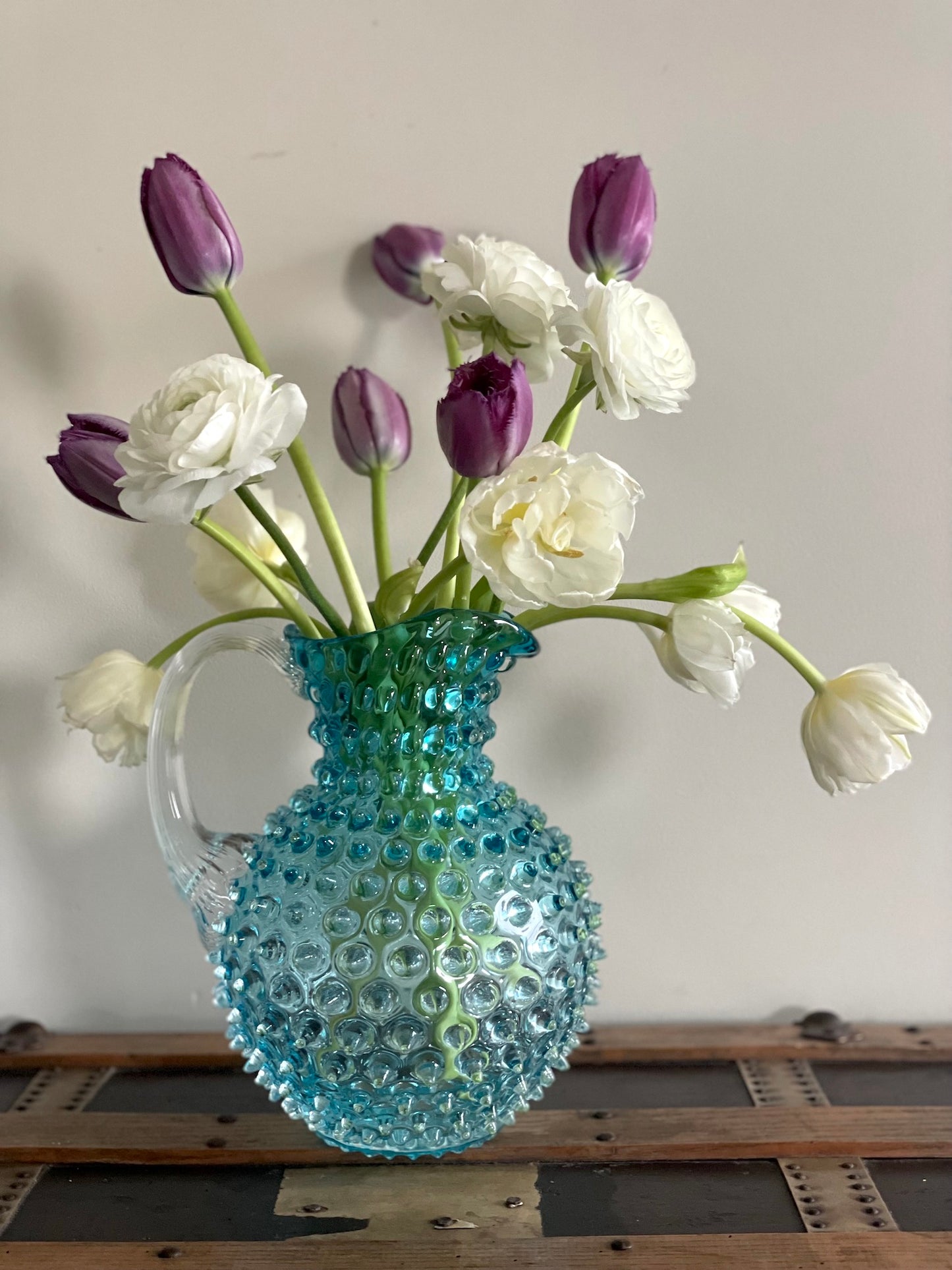 Underlay Aquamarine Bohemia Glass Hobnail Pitcher