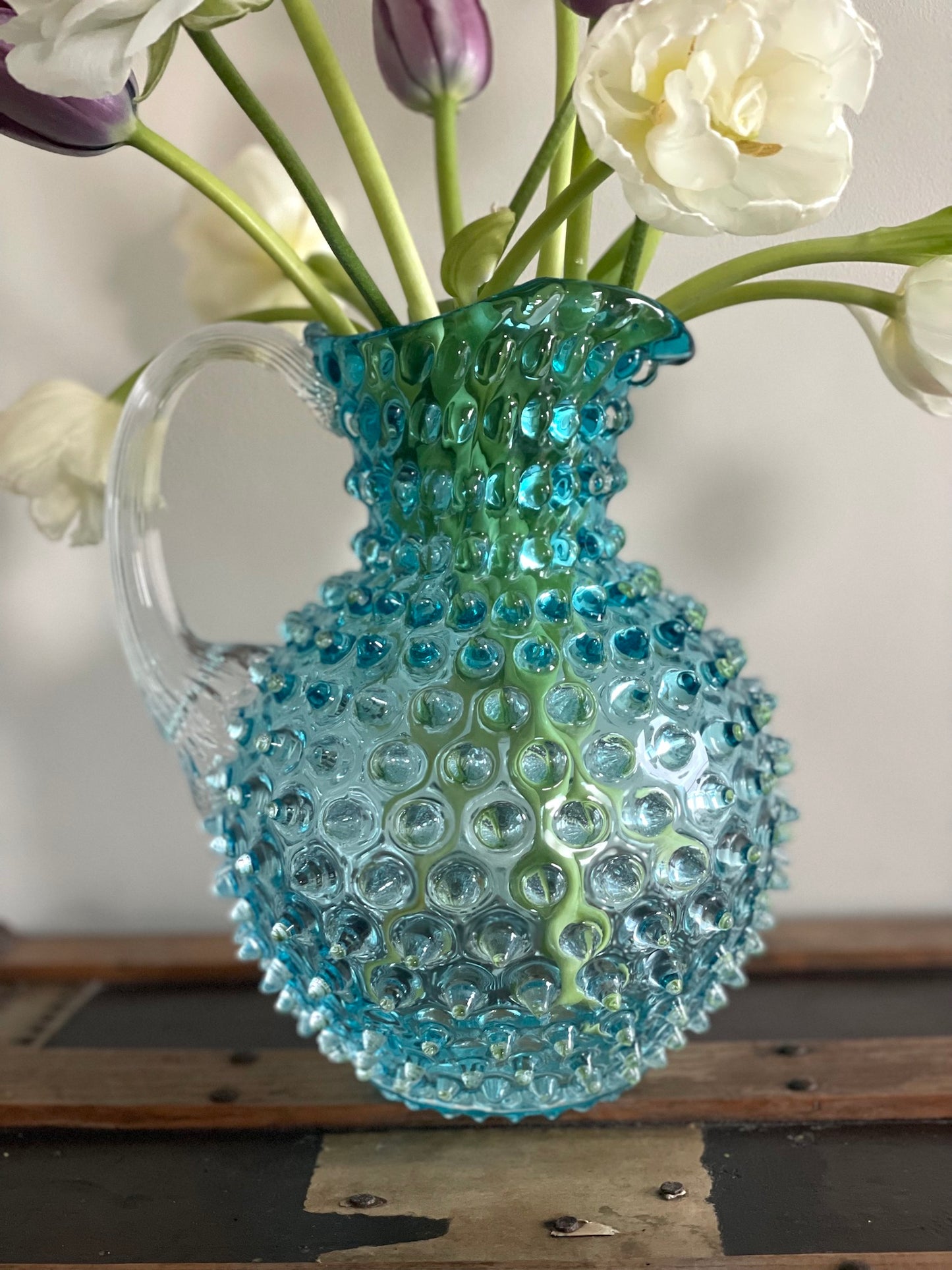 Underlay Aquamarine Bohemia Glass Hobnail Pitcher