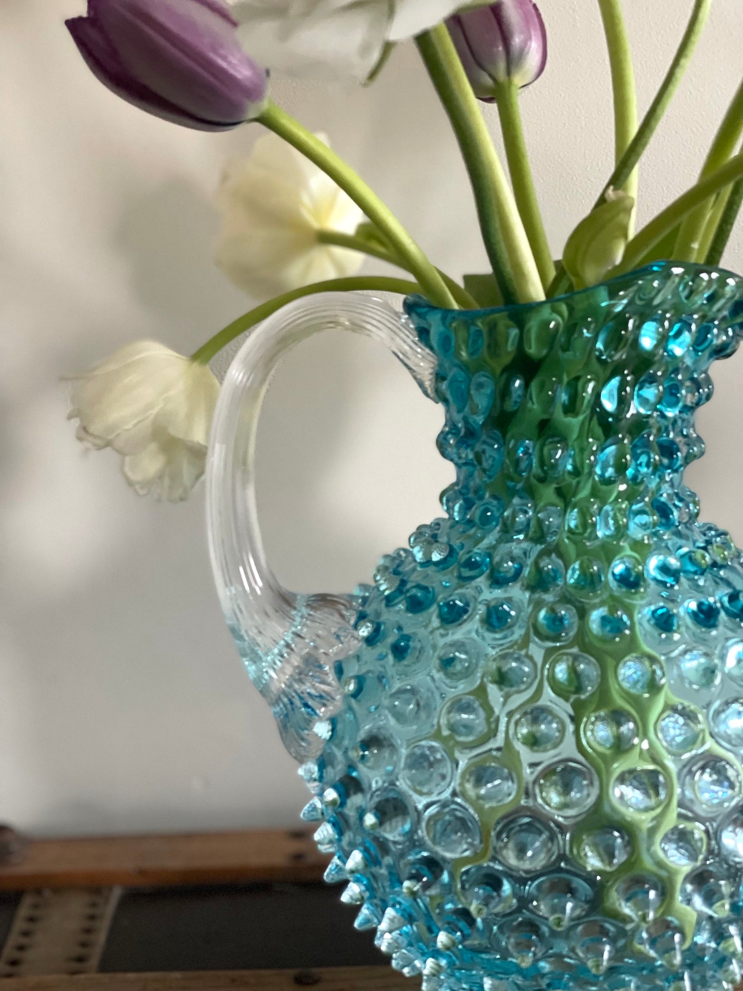 Underlay Aquamarine Bohemia Glass Hobnail Pitcher