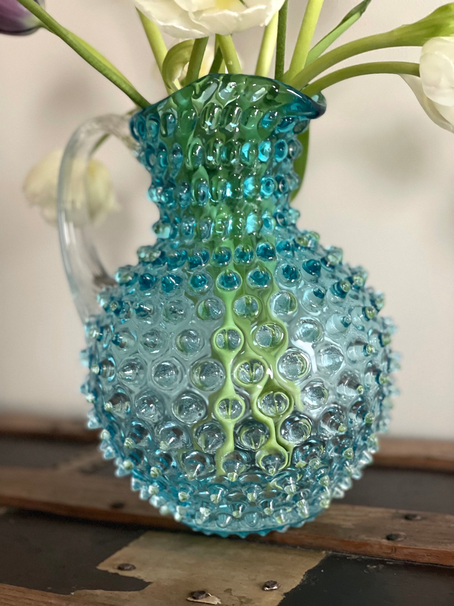 Underlay Aquamarine Bohemia Glass Hobnail Pitcher