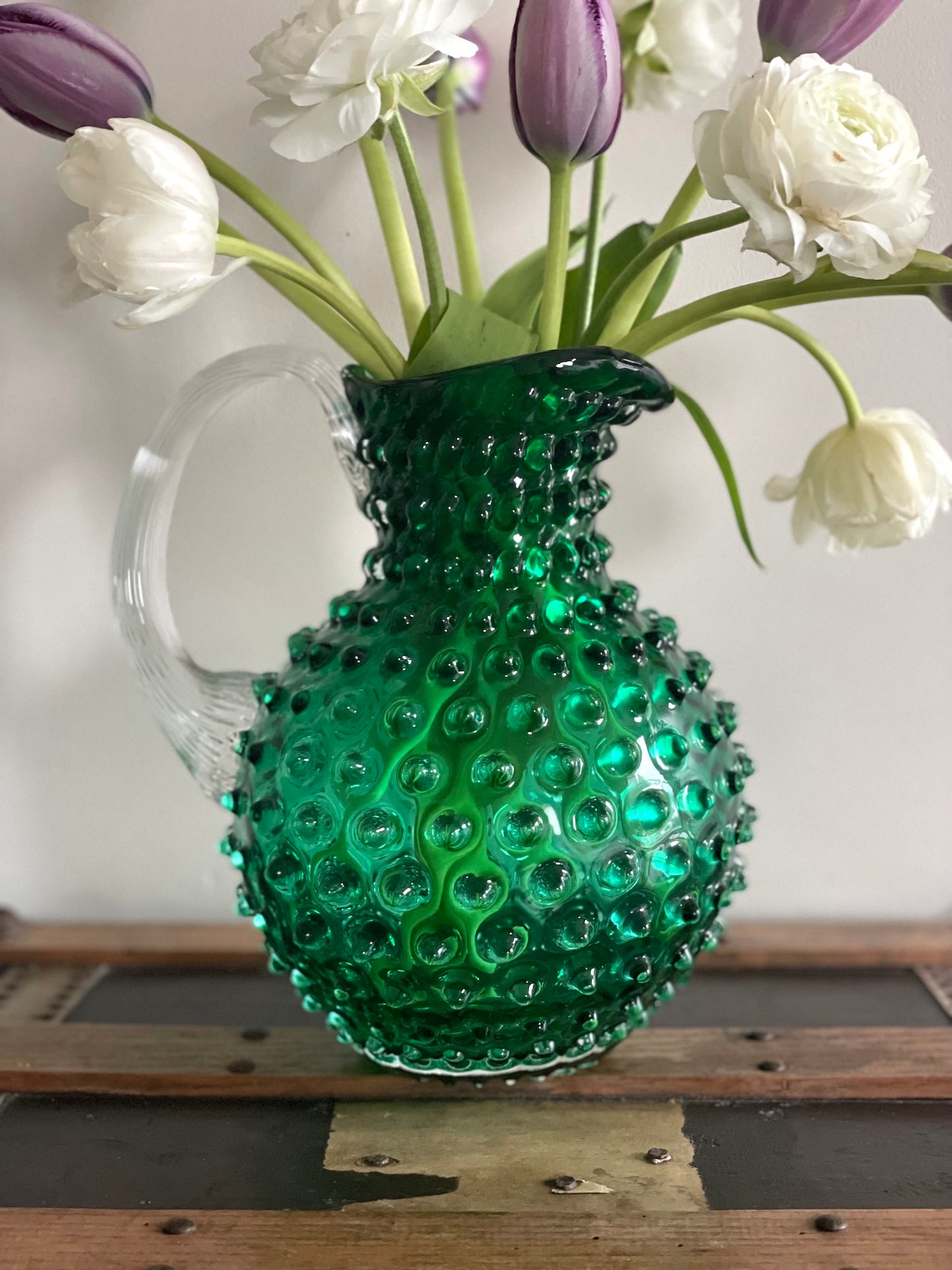 Underlay Dark Green Bohemia Glass Hobnail Pitcher