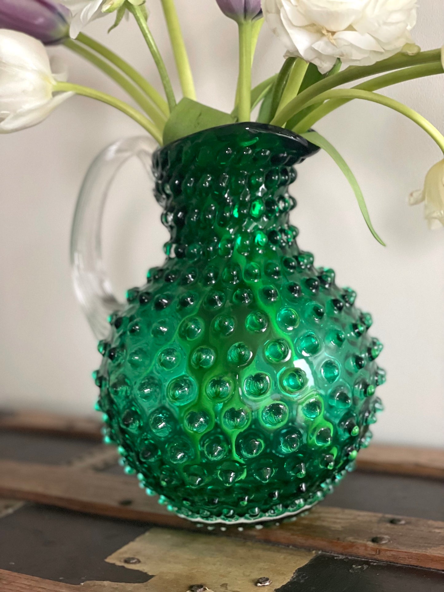 Underlay Dark Green Bohemia Glass Hobnail Pitcher