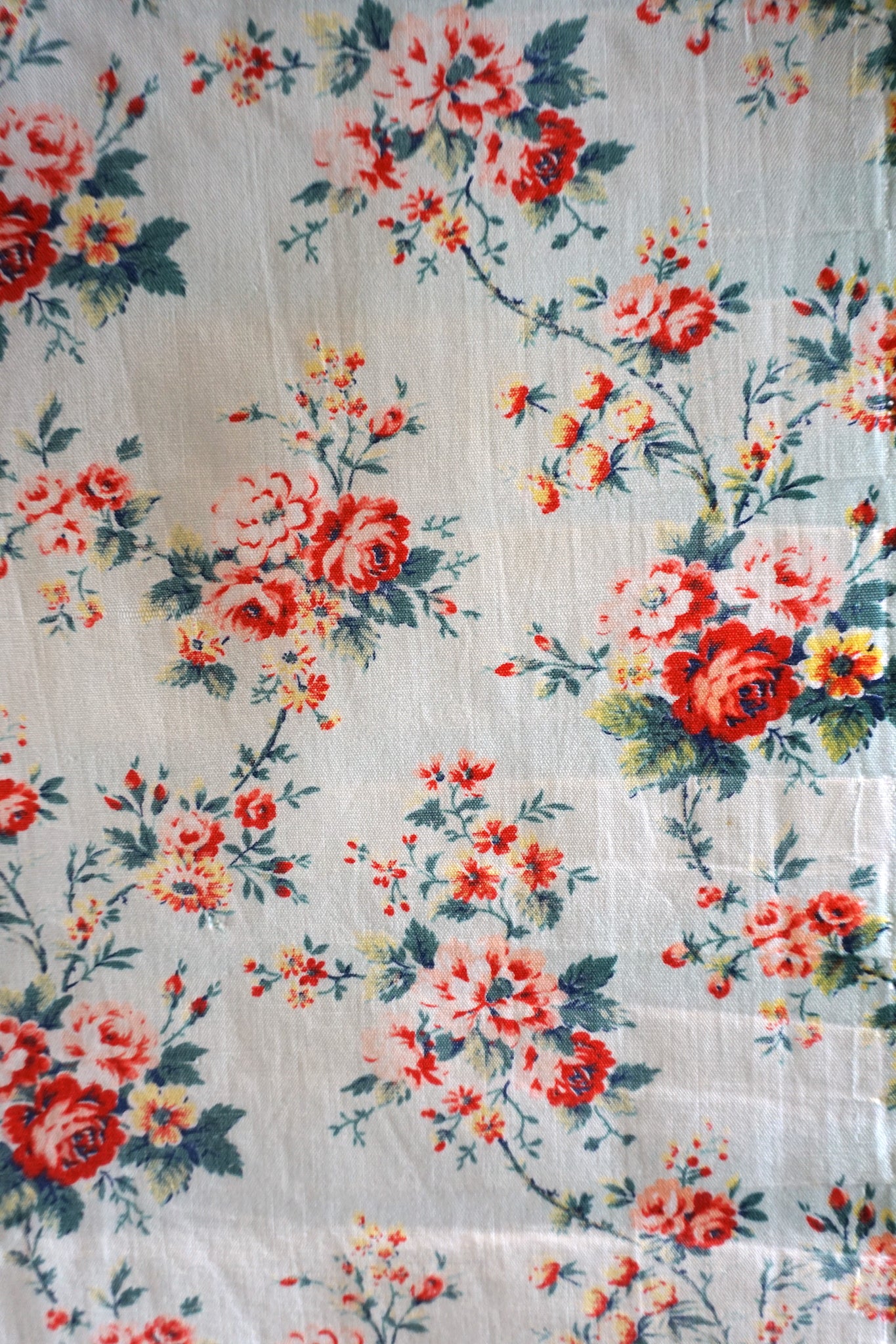 Vintage French Blue & Red Floral Cotton Fabric Panel 45x50cm