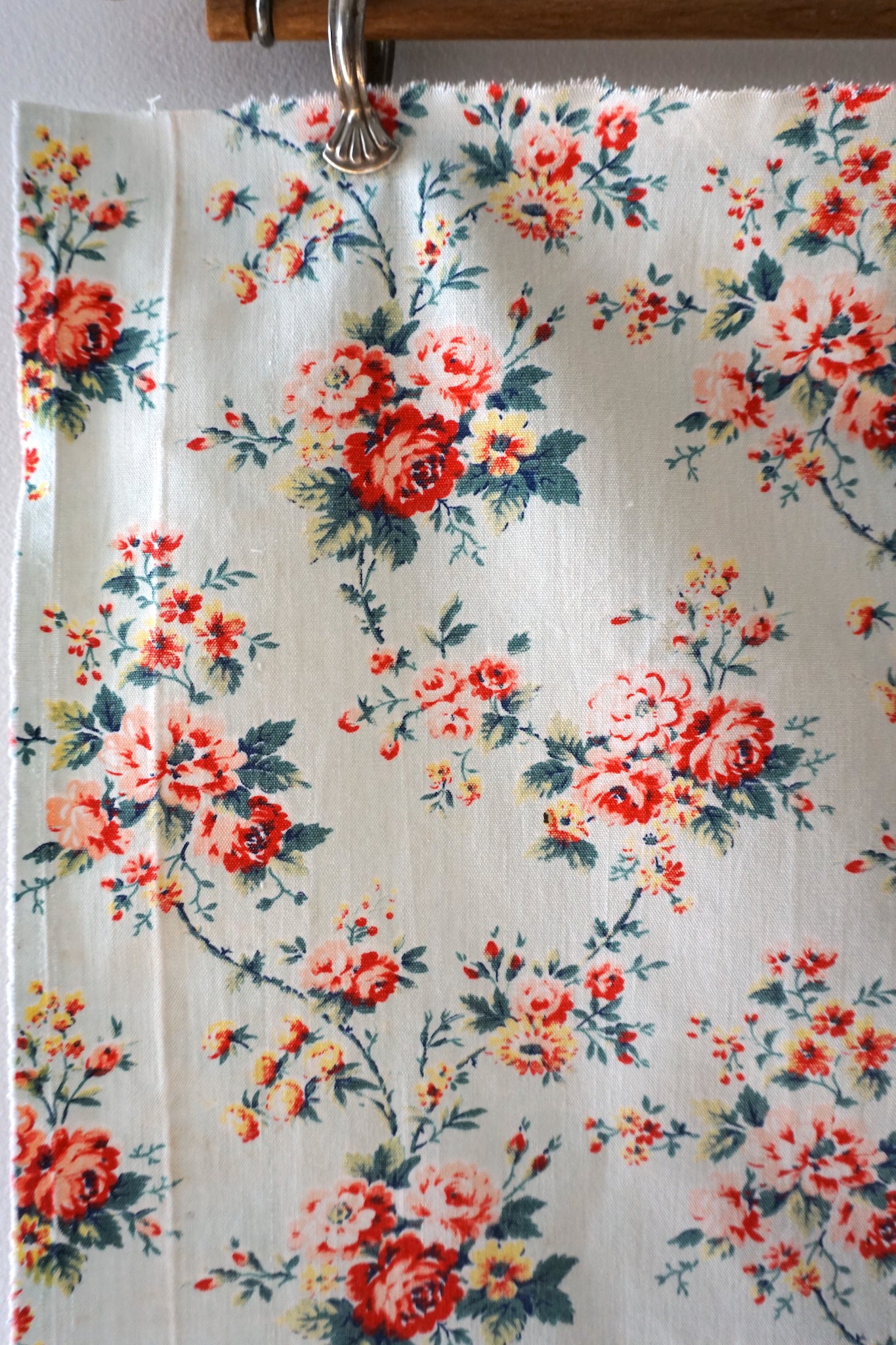 Vintage French Blue & Red Floral Cotton Fabric Panel 45x50cm