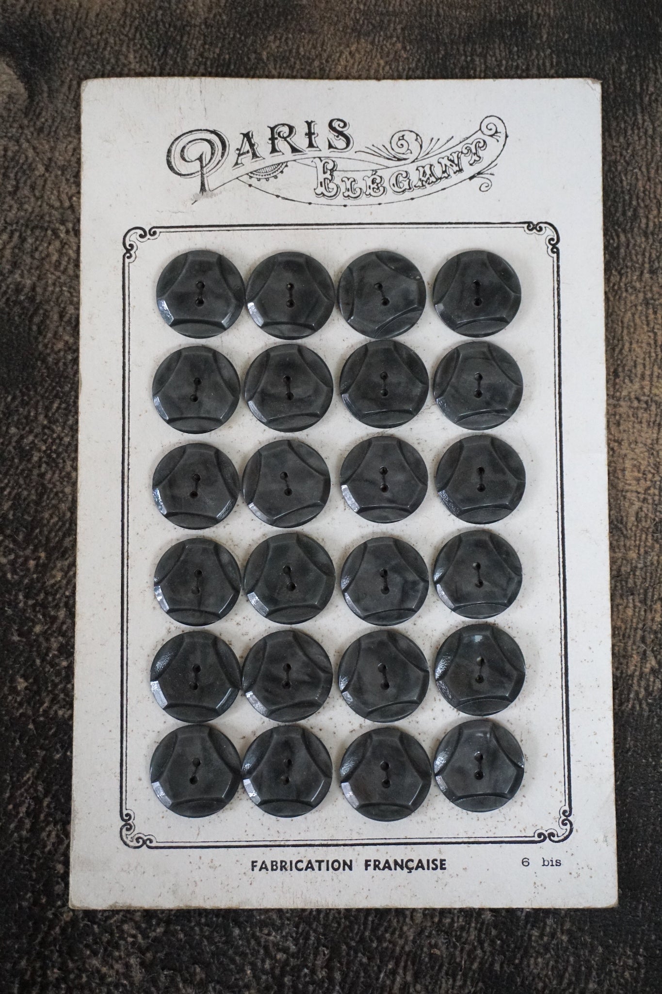 Vintage French Card of 24 Gun-metal Grey Buttons