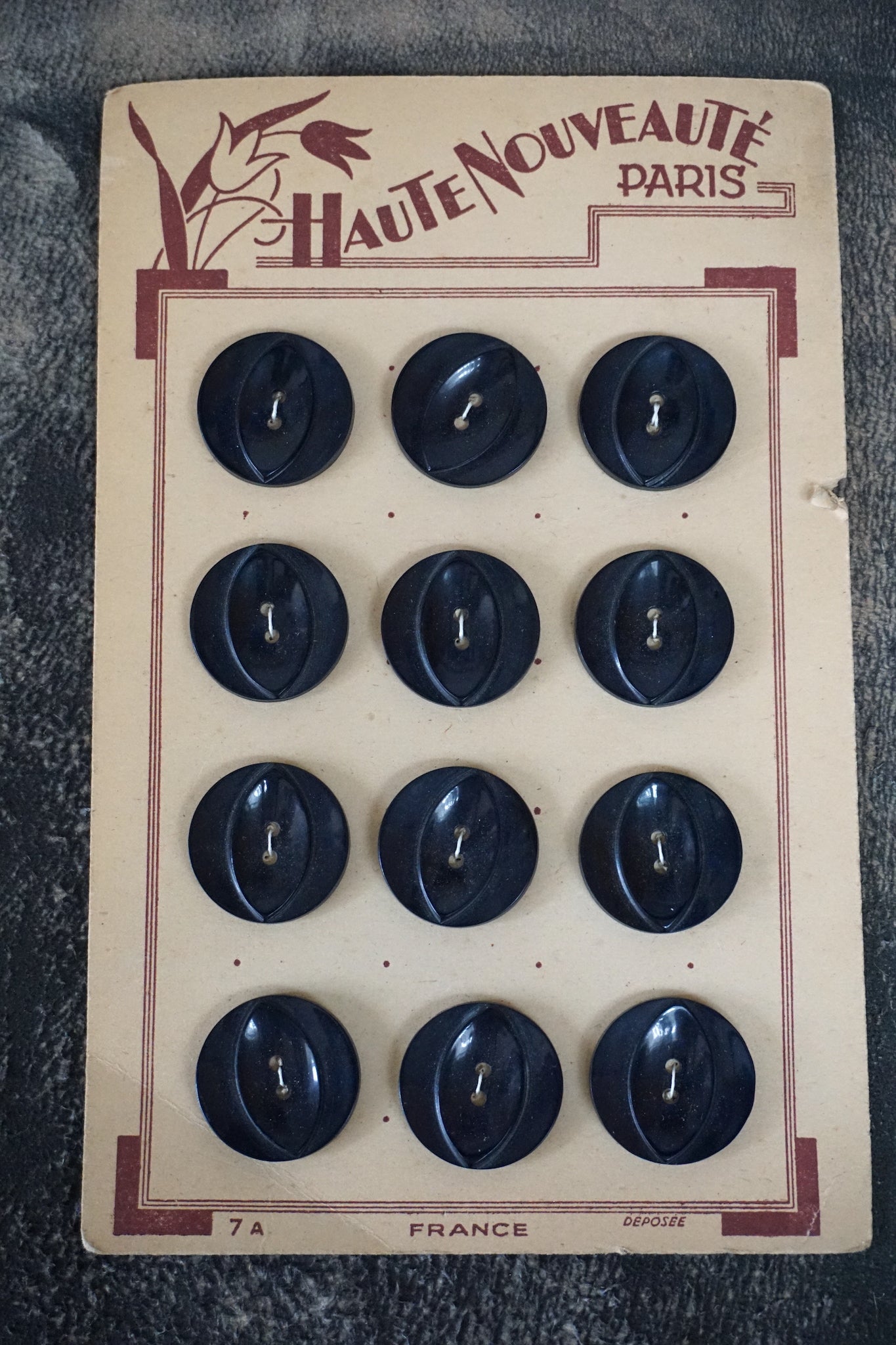 Vintage French Card of 12 Large Black Buttons