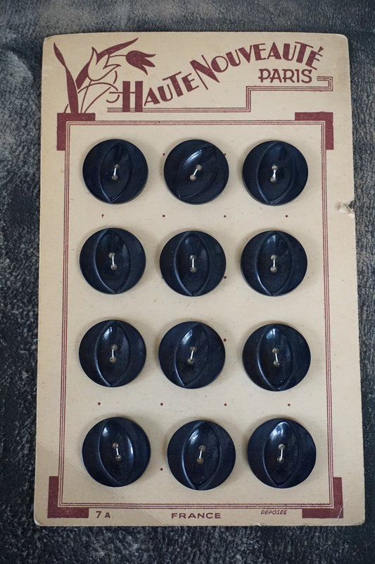 Vintage French Card of 12 Large Black Buttons