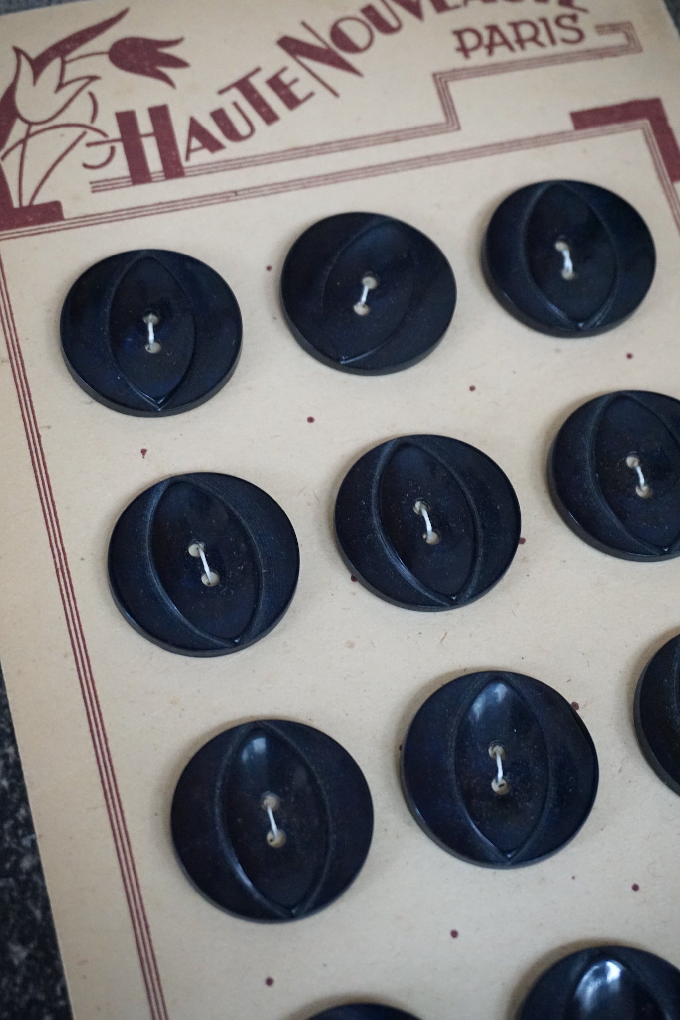 Vintage French Card of 12 Large Black Buttons
