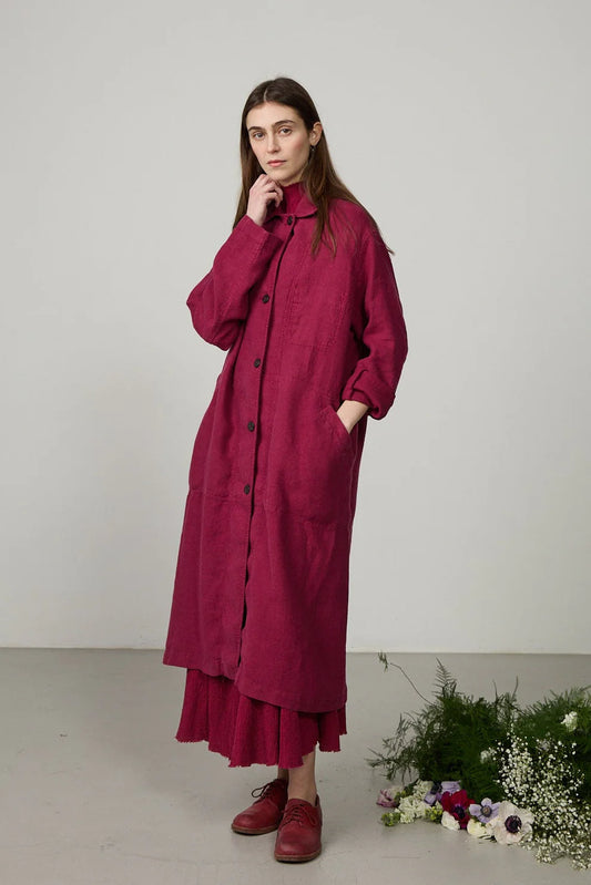 Minina Long Linen Duster Coat - Ruby