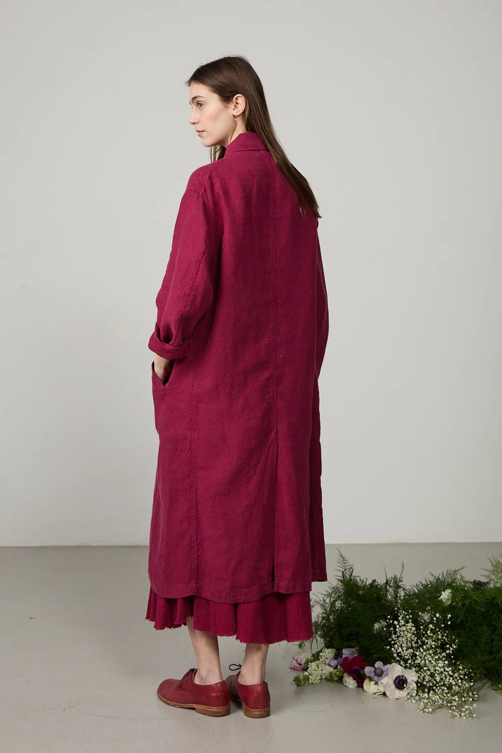 Minina Long Linen Duster Coat - Ruby