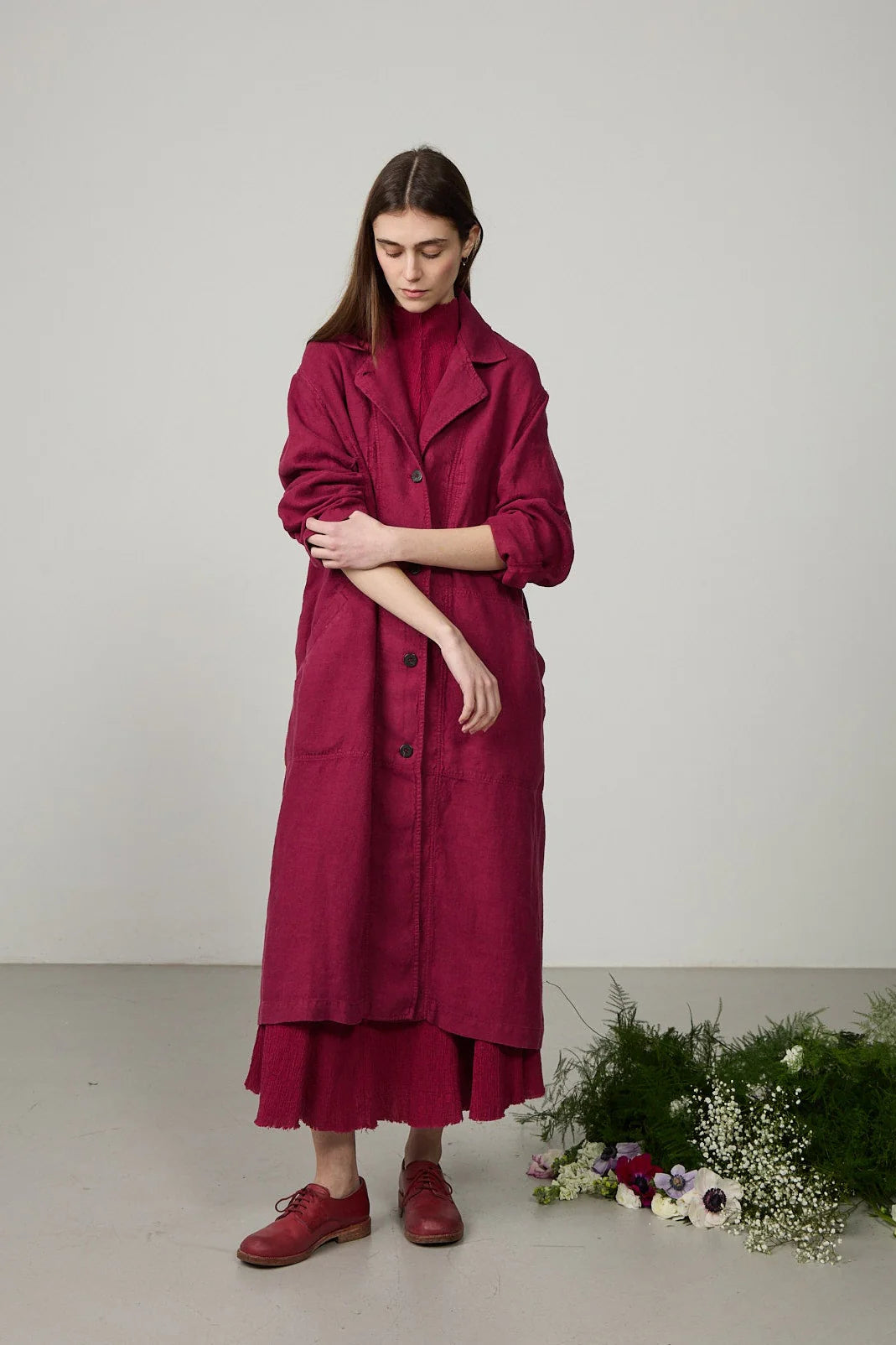 Minina Long Linen Duster Coat - Ruby
