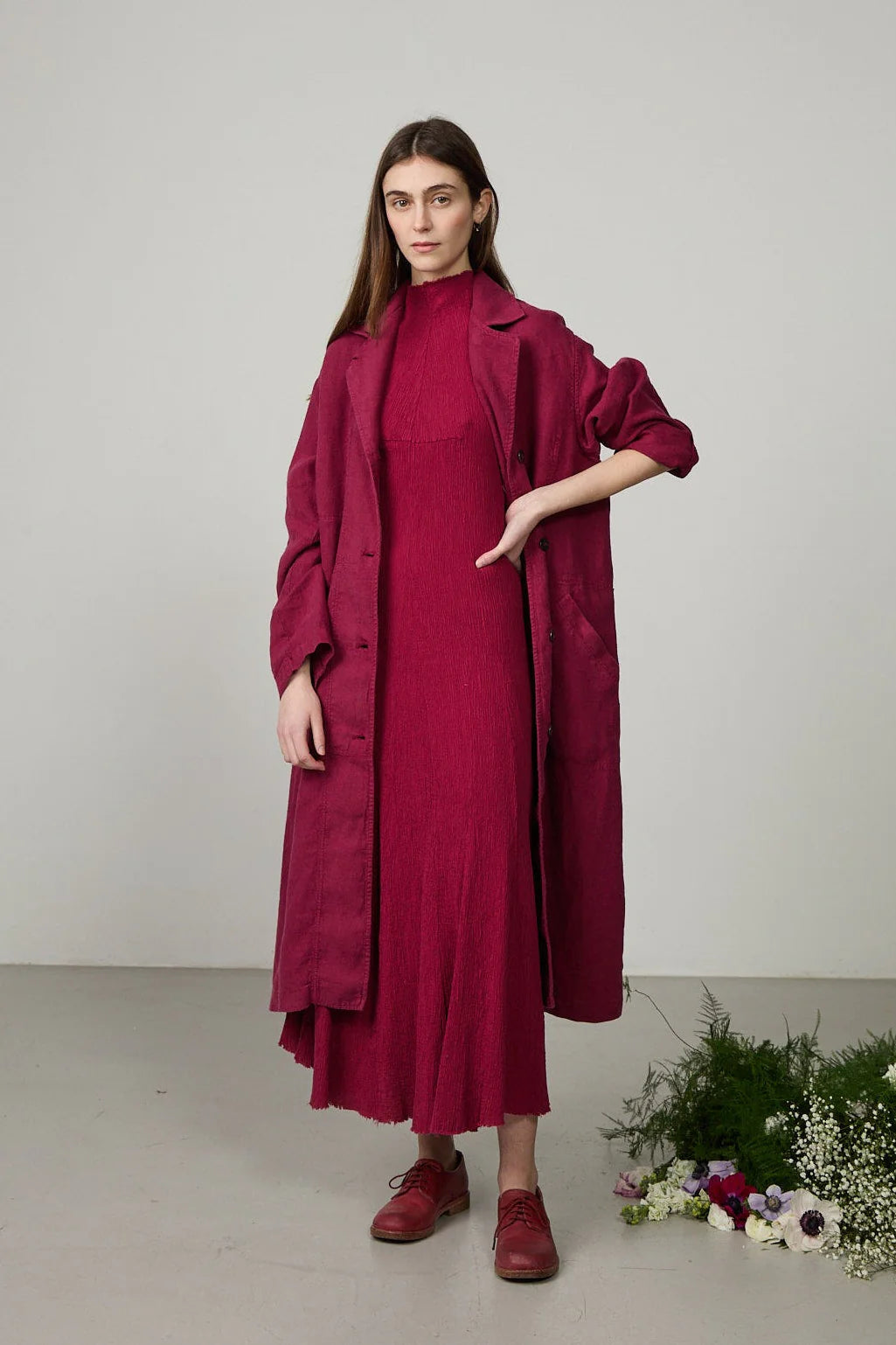 Minina Long Linen Duster Coat - Ruby