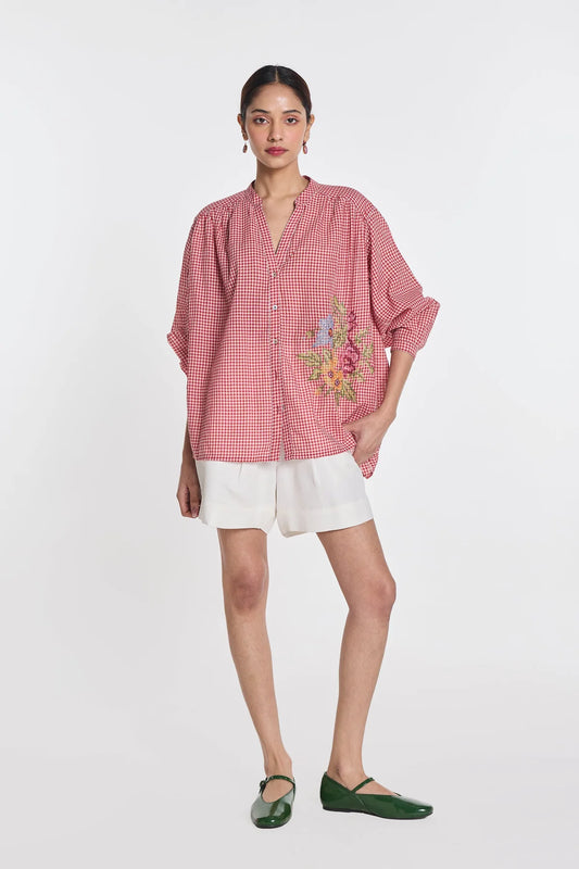 Cotton Blouse With Floral Embroidered Bouquet In Red Gingham