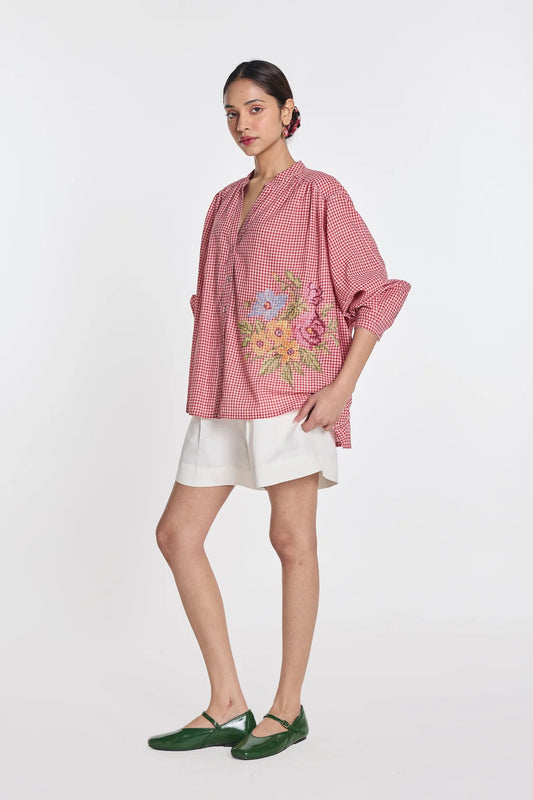 Cotton Blouse With Floral Embroidered Bouquet In Red Gingham