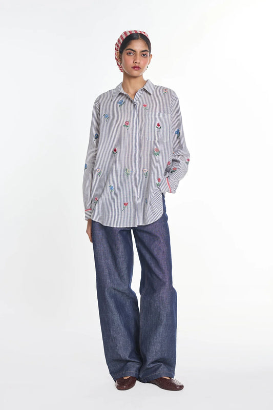 Cotton Shirt With Floral Cross Stitch Embroidery In Grey Stripe